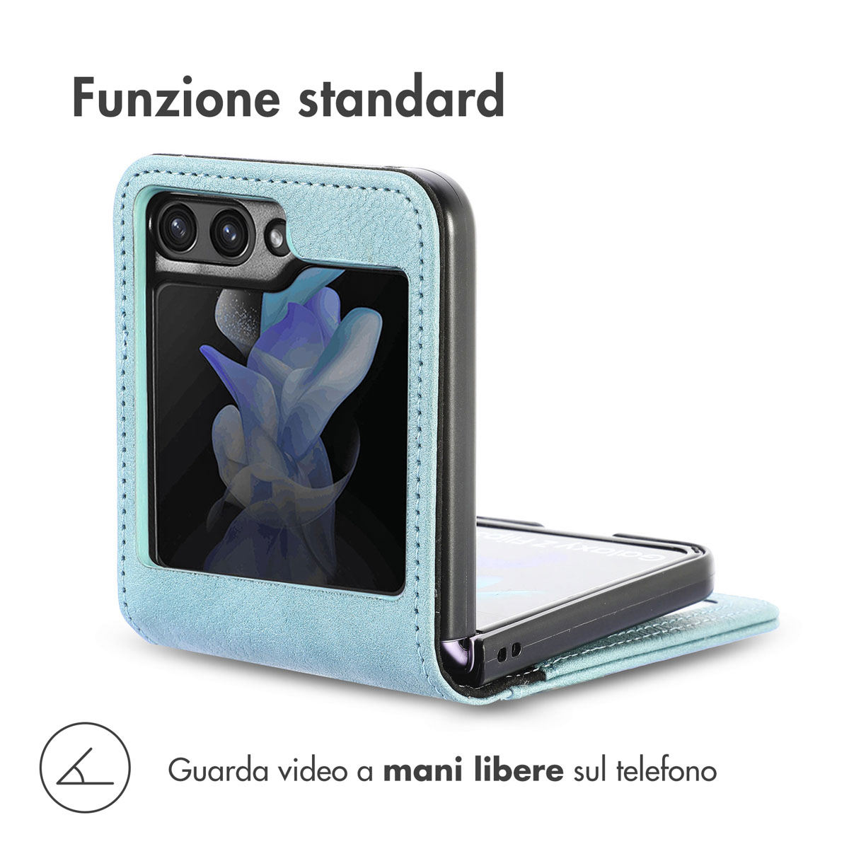Custodia flip azzurra mostra sfondo floreale blu. Testo: Funzione standard.
