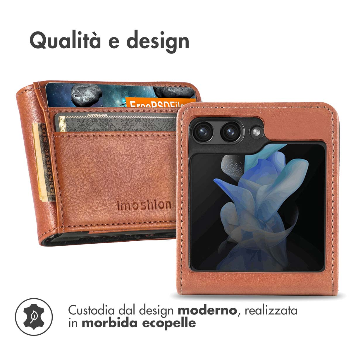 Portafoglio marrone con carte di credito e cover telefono con fiori sullo schermo.