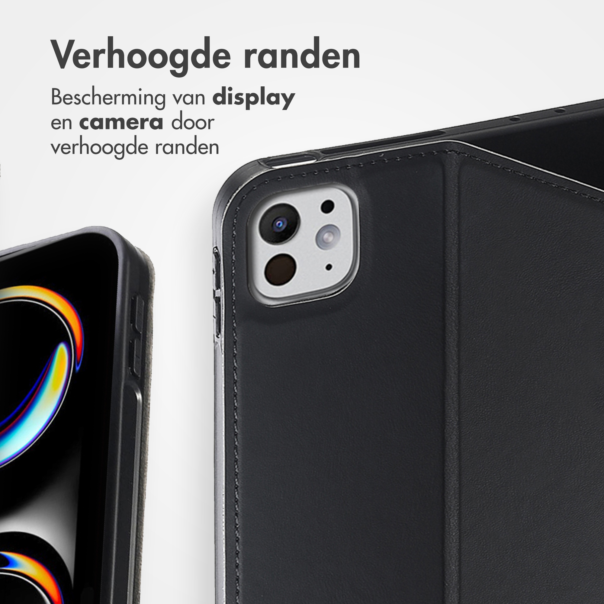 Black tablet case with raised edges protecting the display and camera.