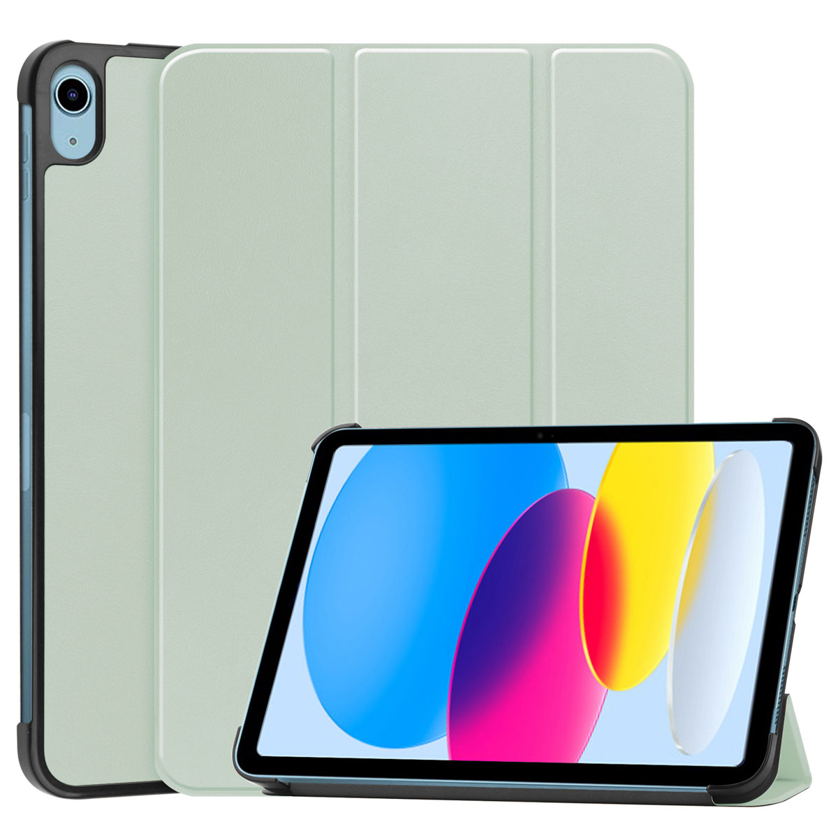 Un étui de tablette vert clair est ouvert, avec une tablette affichant un fond d'écran abstrait coloré.
