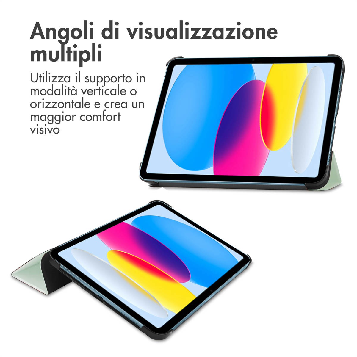 Deux tablettes dans des étuis, une droite, une à plat, avec des arrière-plans colorés.