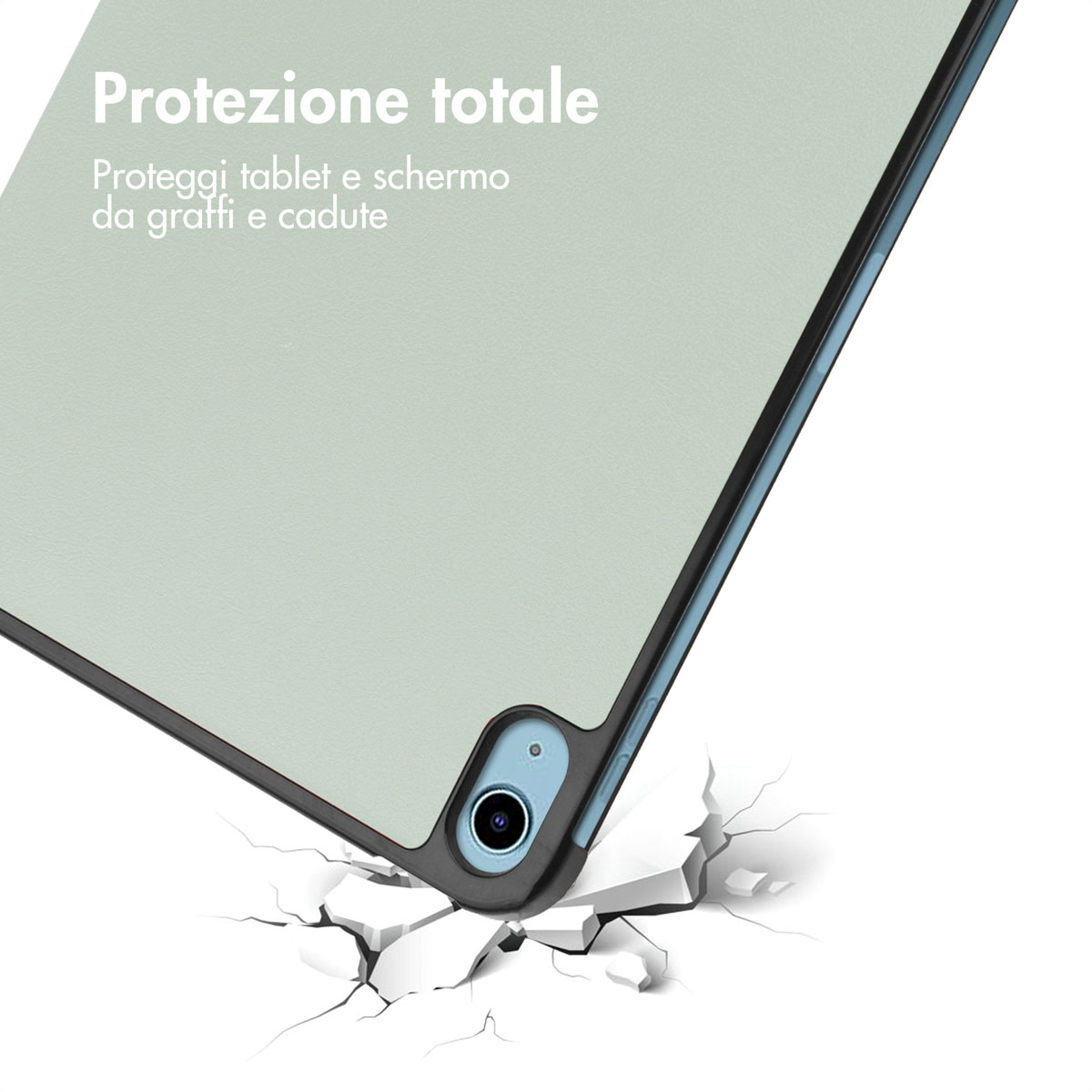 Une tablette vert clair avec lunette de caméra sur fond blanc qui se brise.