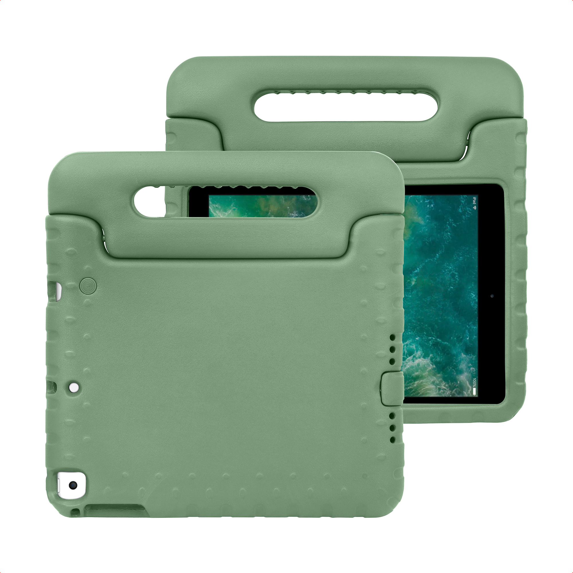 Twee groene iPad-hoesjes met handvatten en uitsparingen voor camera's en knoppen.