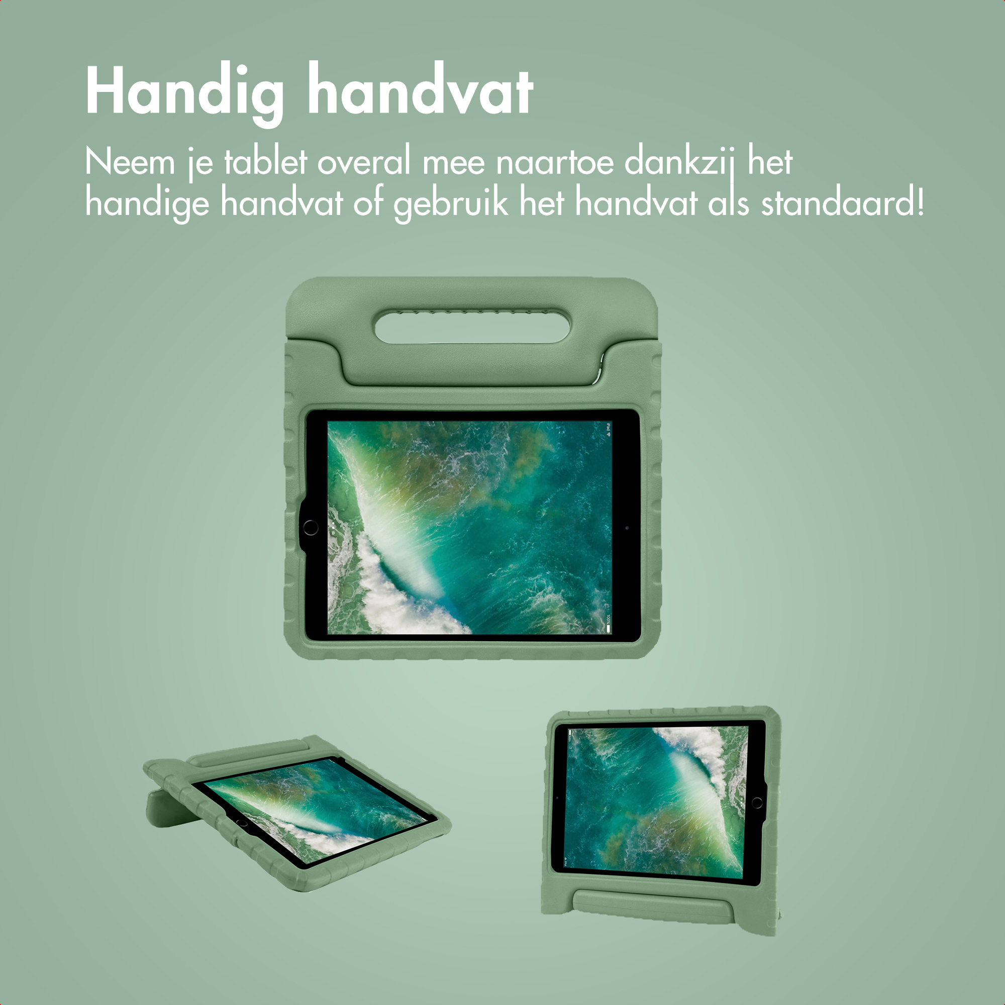 Groen tablet handvat met standaardfunctie, drie weergaven.