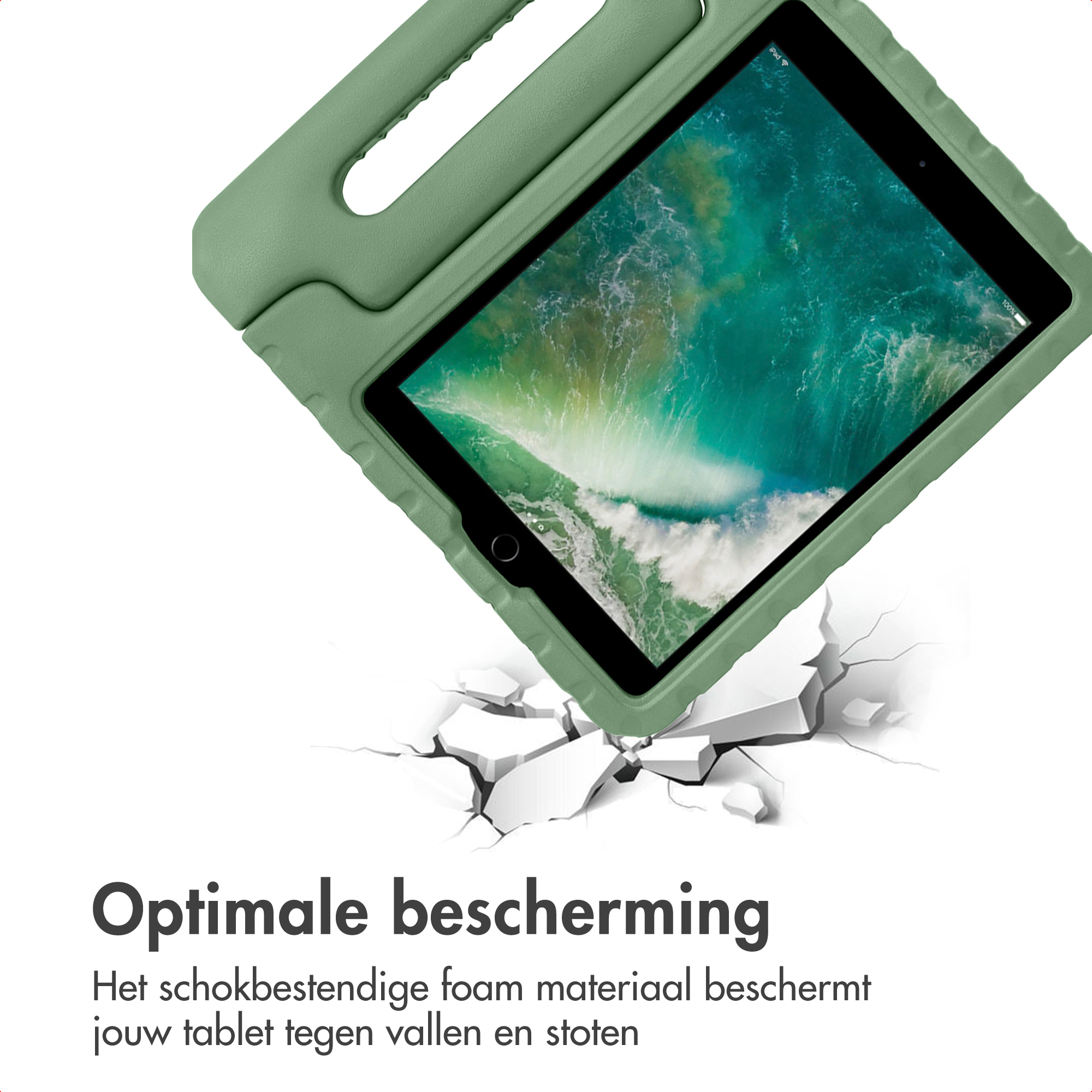 Groene tablethoes met schokbescherming die op gebarsten grond valt.