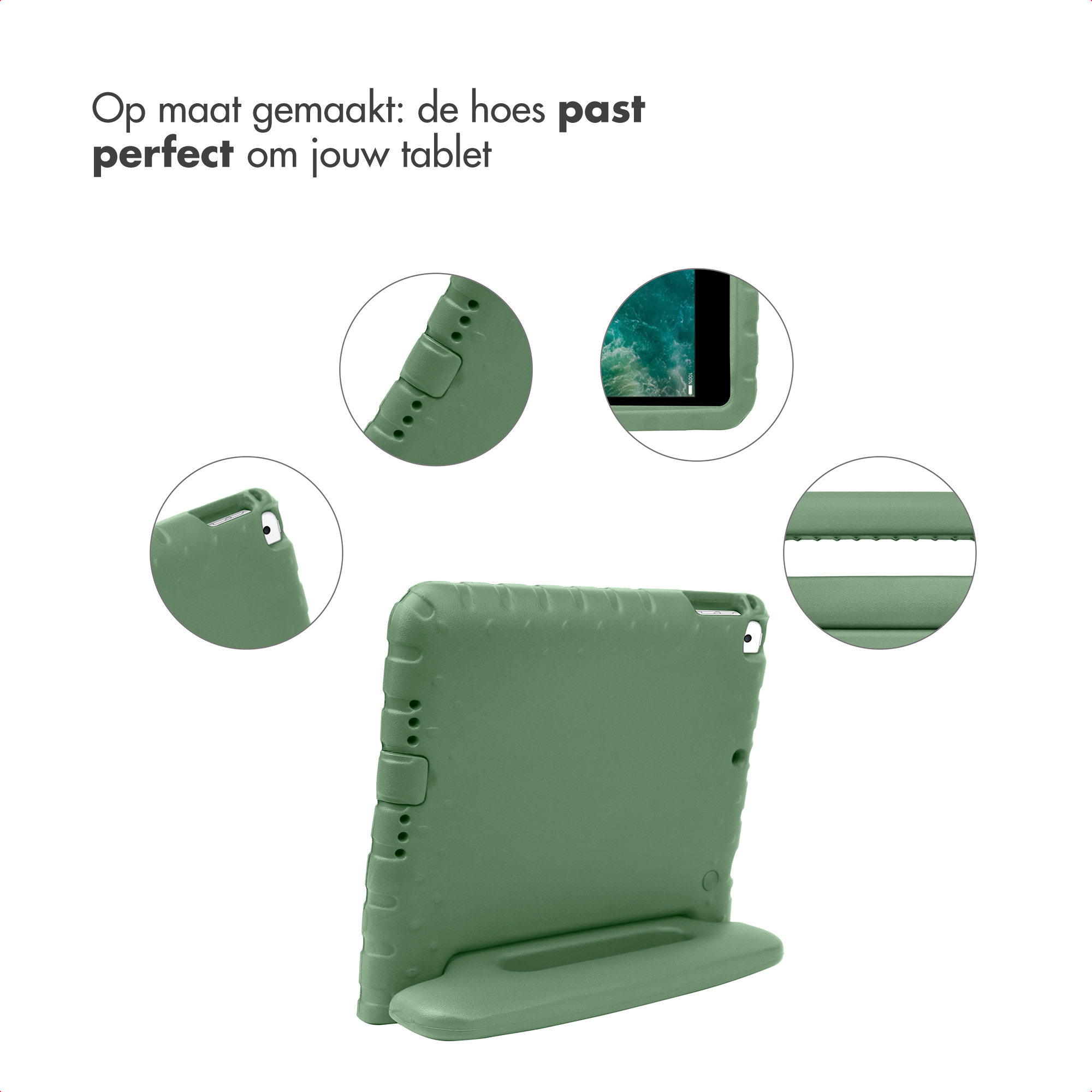 Groene tablethoes met standaard, toont details van poorten en textuur.