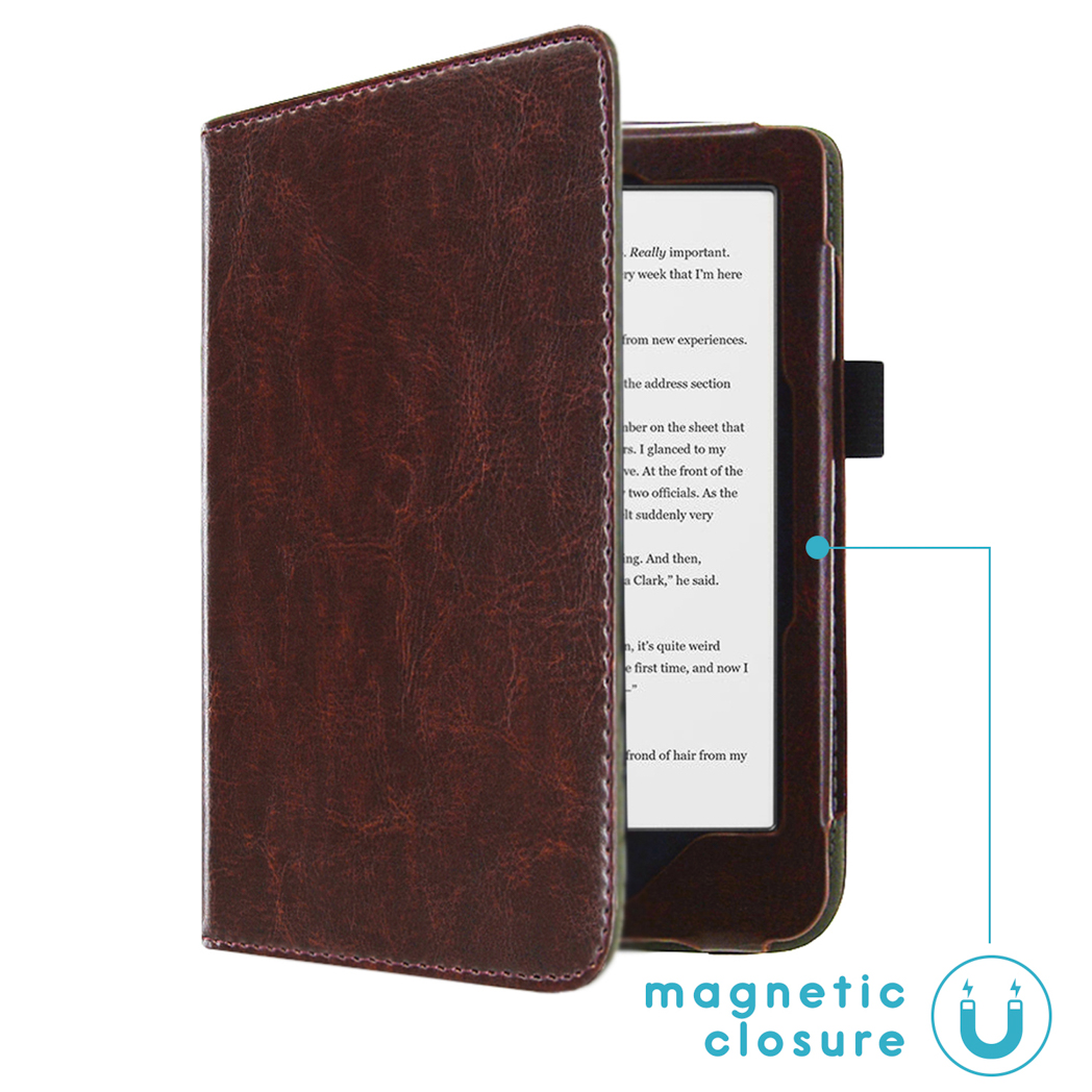 A brown leather case for an e-book with a magnetic closure.