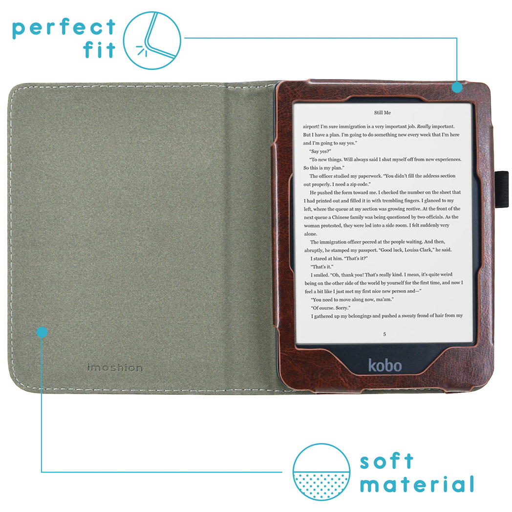 A brown e-reader case with its flap open, displaying a book.
