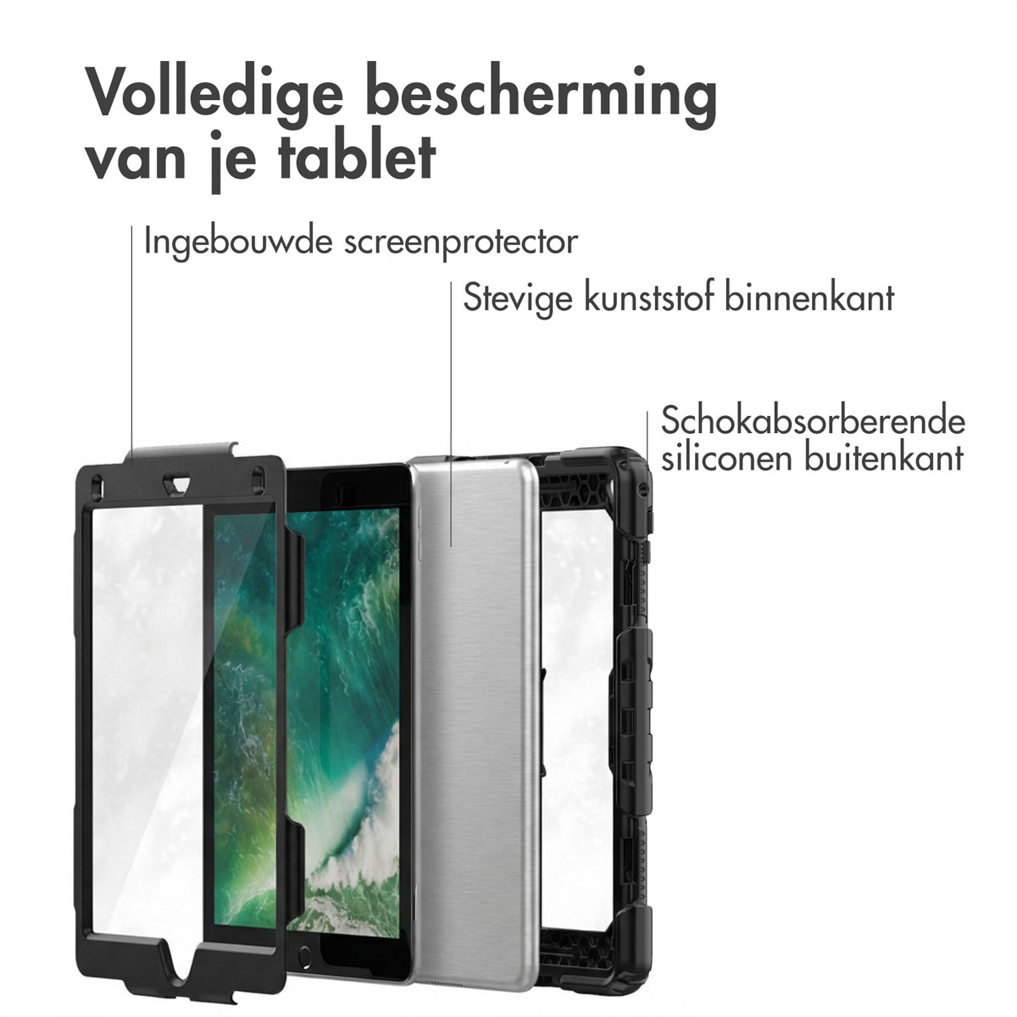 Exploded view of a tablet case showing screen protector, hard inner shell, and silicone outer layer.