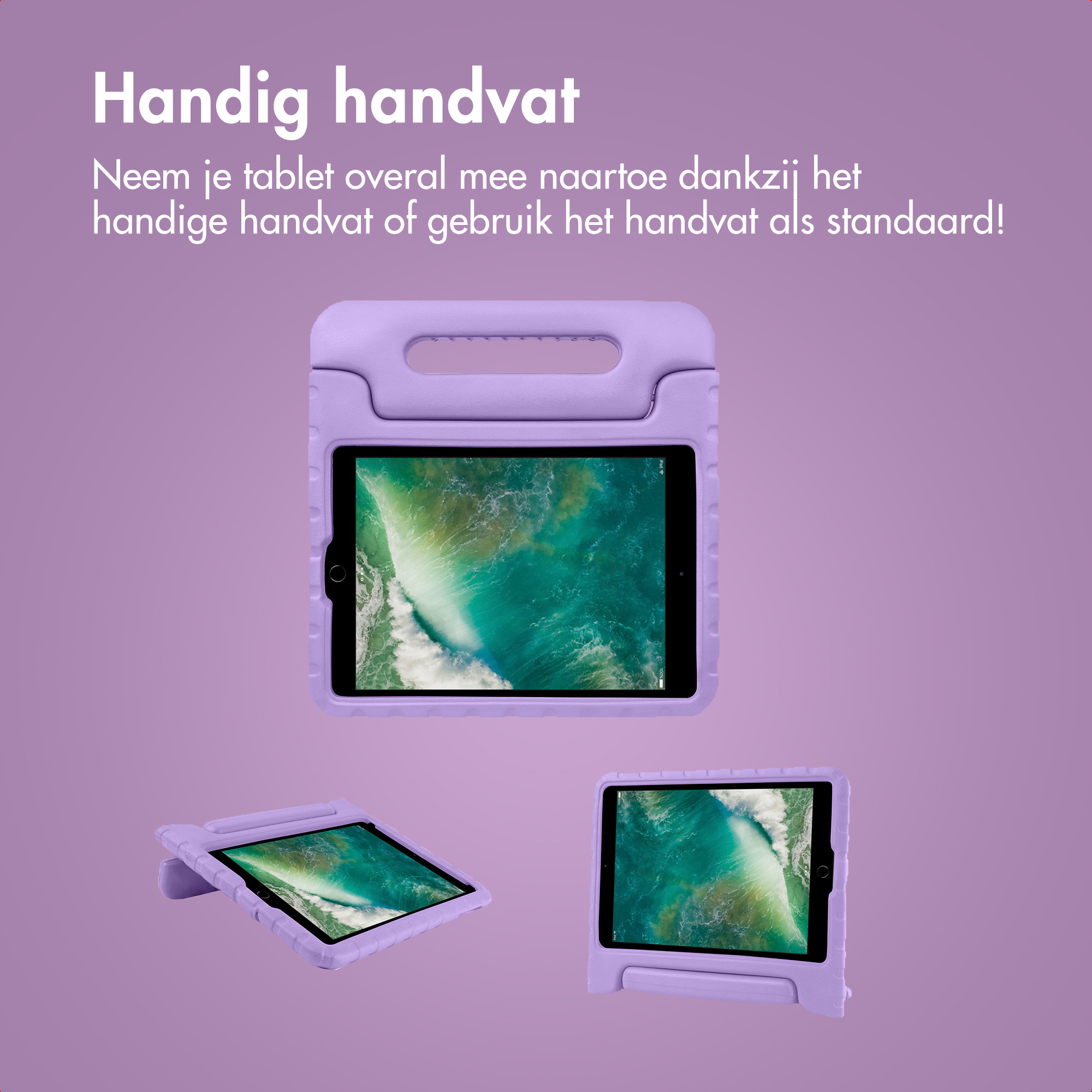 Purple tablet case with a handle, shown as a stand.