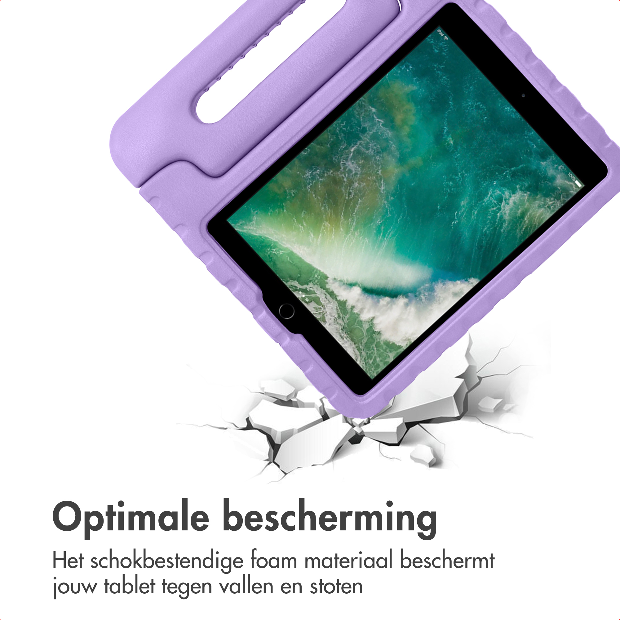 Purple tablet case with handle falling onto cracked ground.