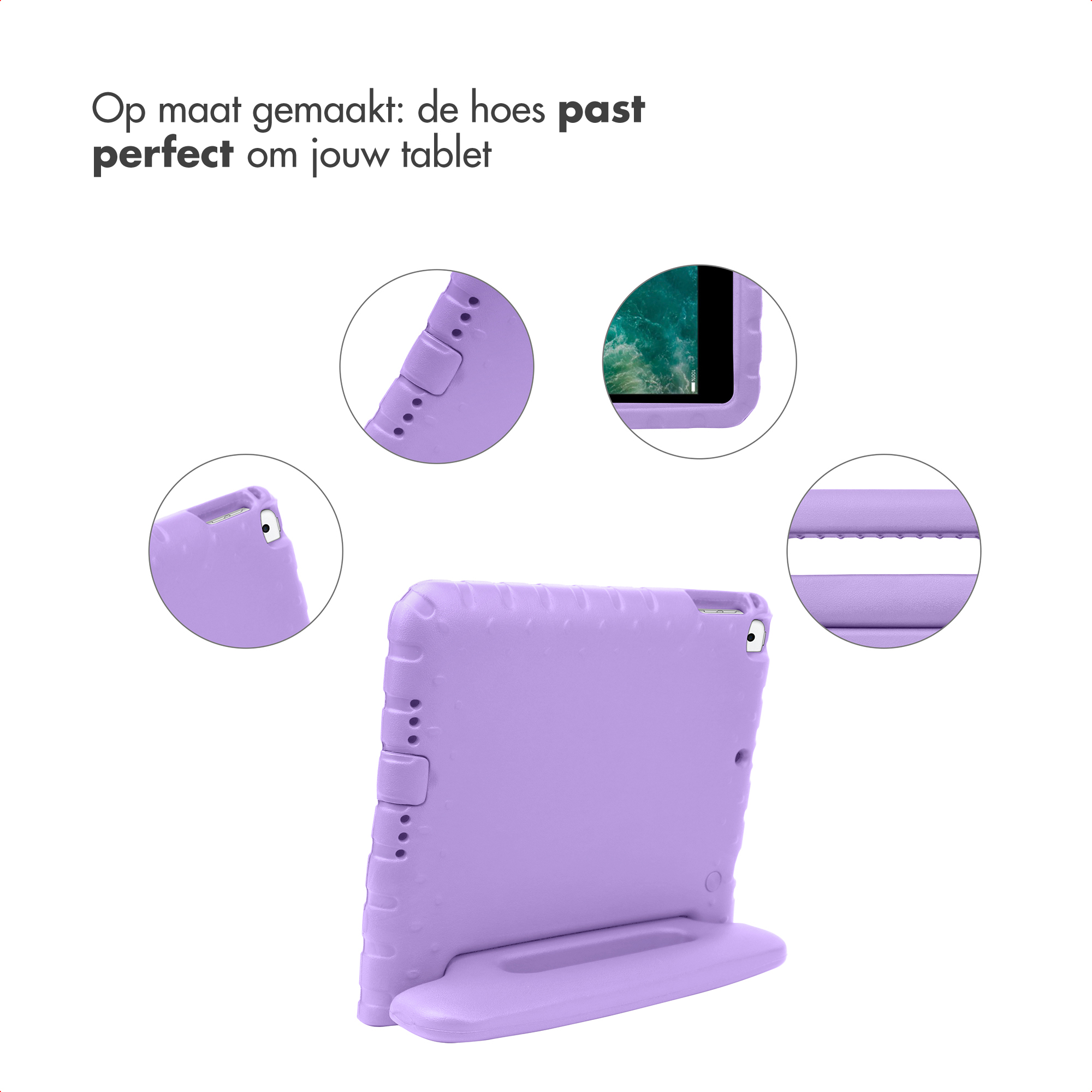 Purple tablet case with stand and cutouts for buttons and ports.