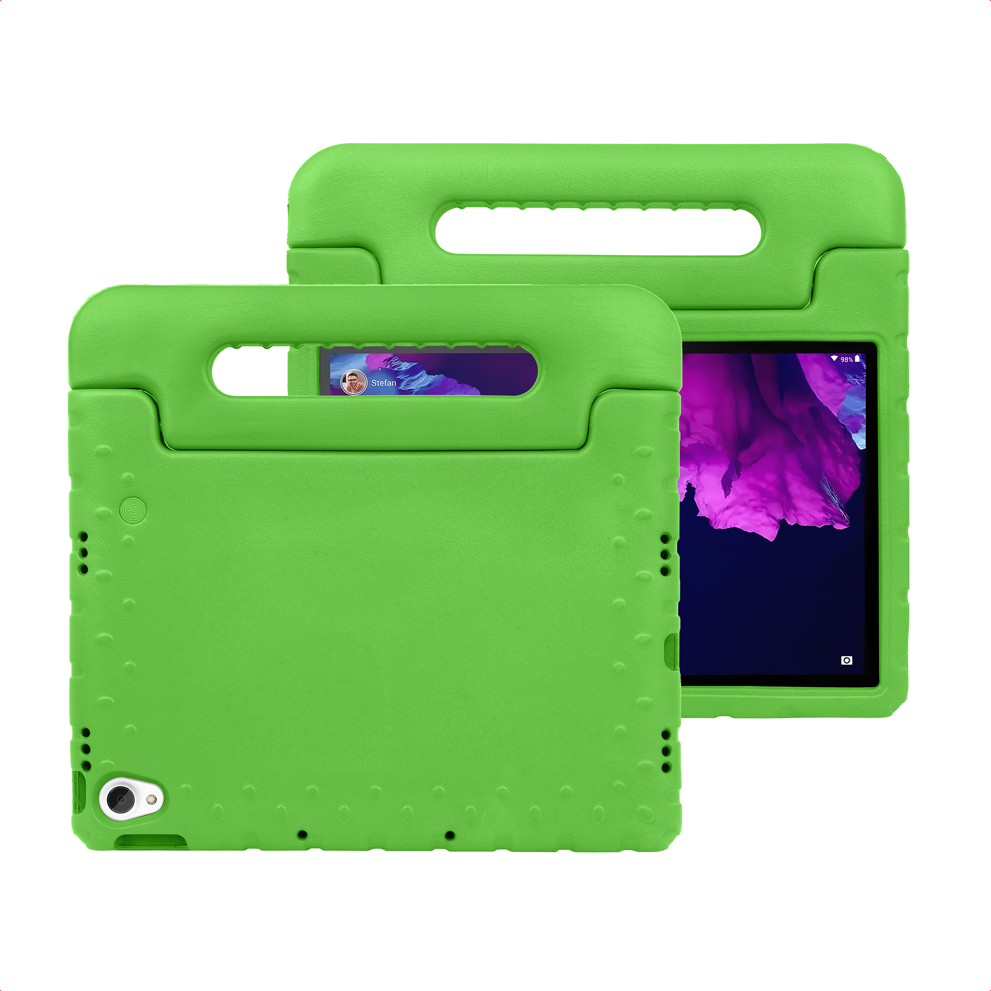 Two green foam tablet cases with handles. One shows a screen with purple mountains.