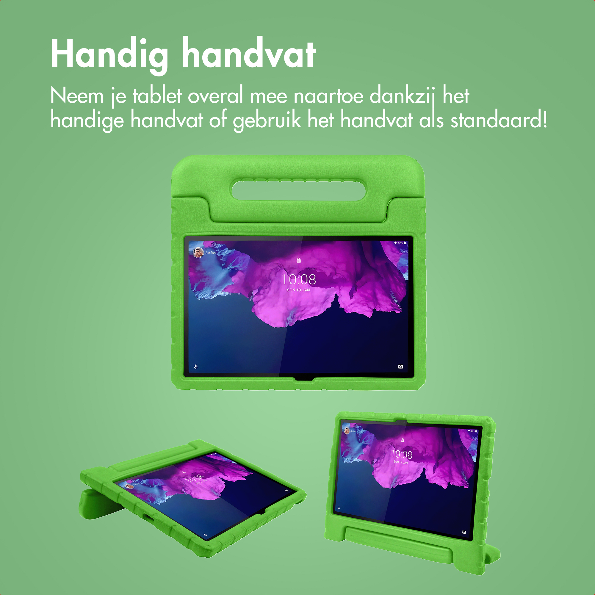 Green tablet case with handle, functions as a stand. Shows lock screen.