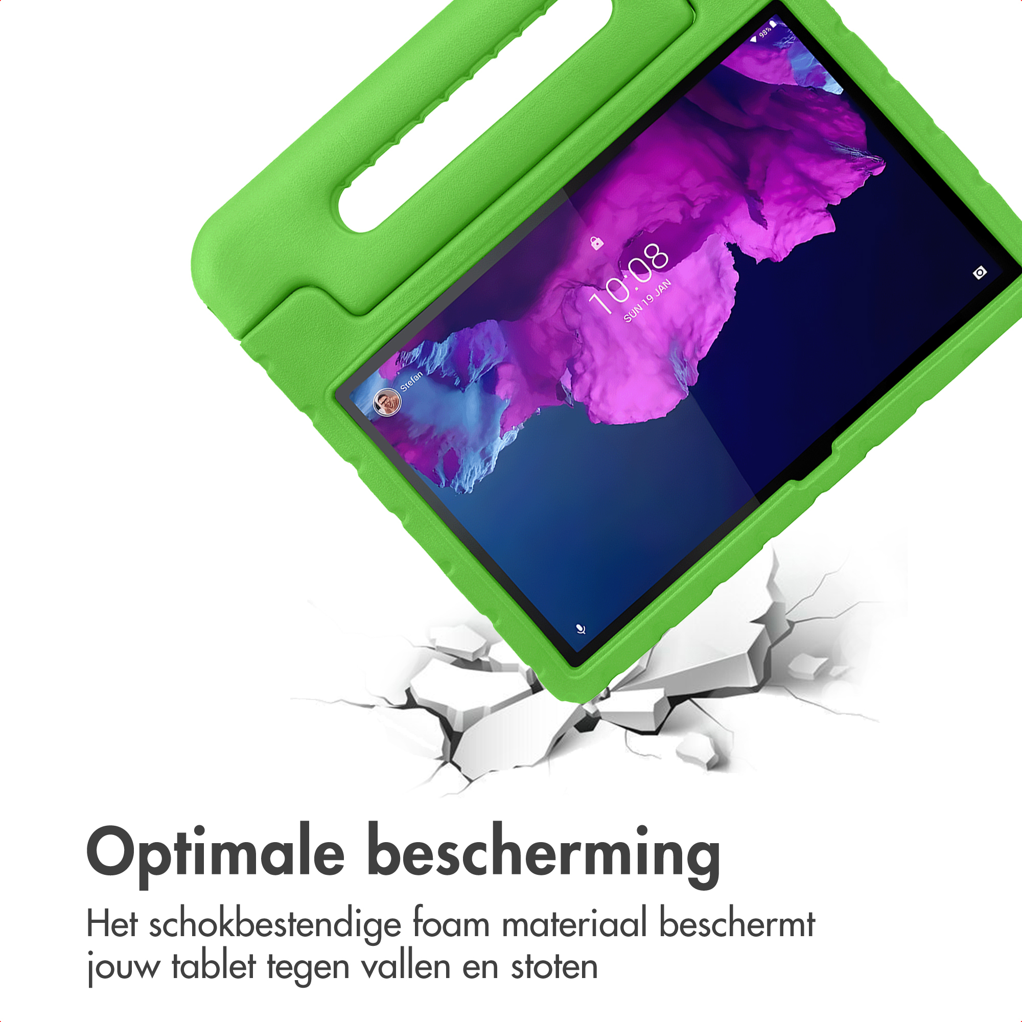 Green tablet case with handle, breaking through white floor.