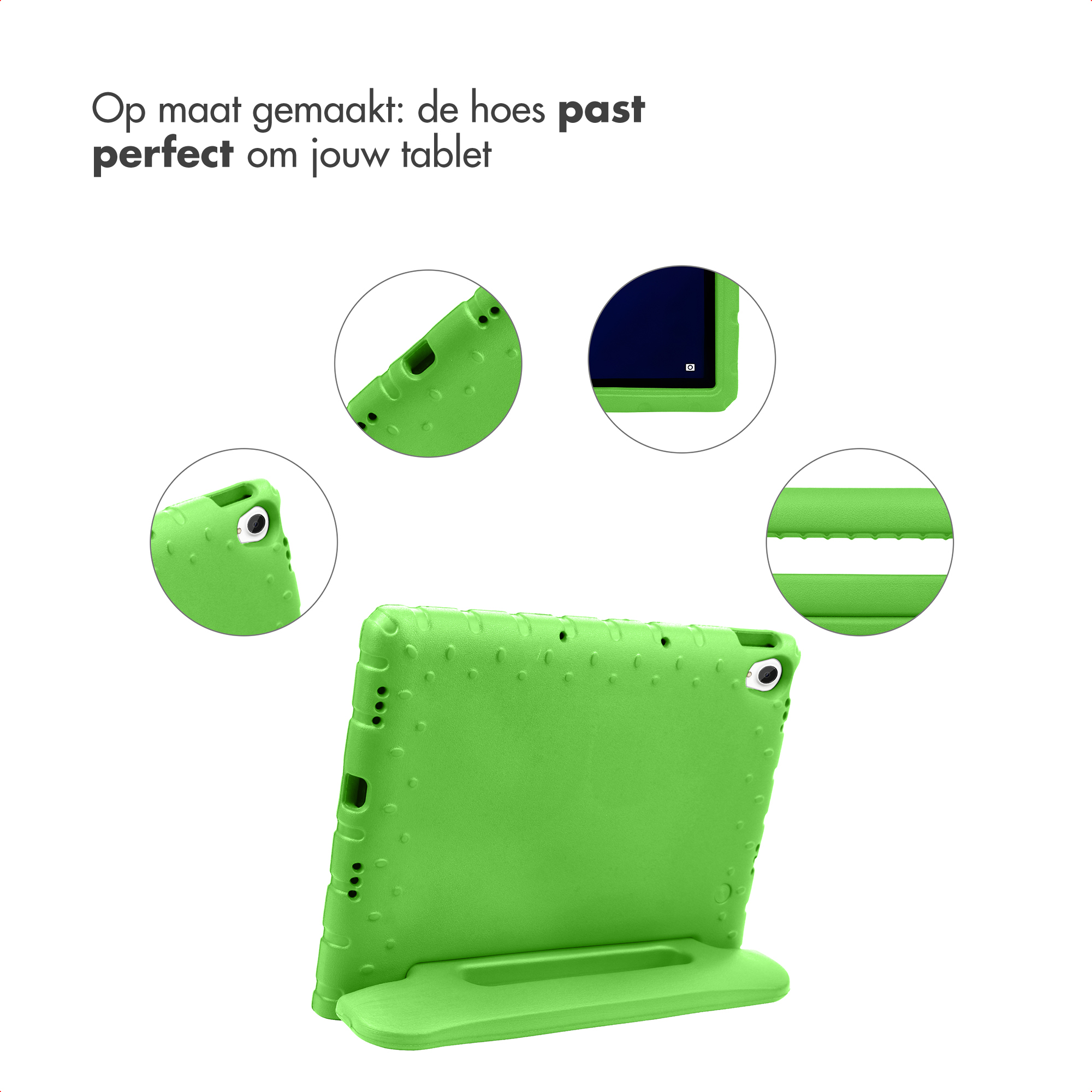 Green tablet case with stand, showing multiple angles and features.