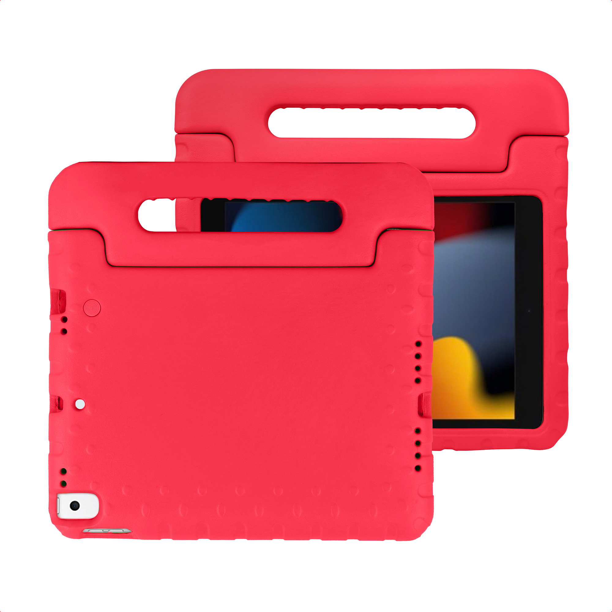 Two red iPad cases with handles, one in front, one angled behind.