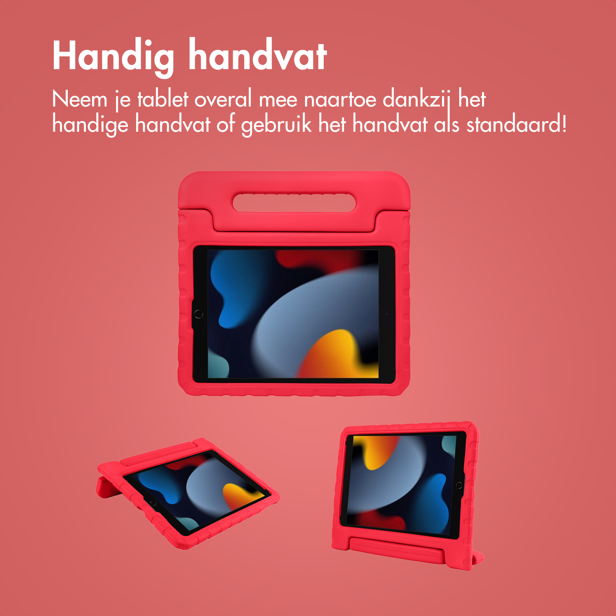 Red tablet case with handle and stand. Shows three views.