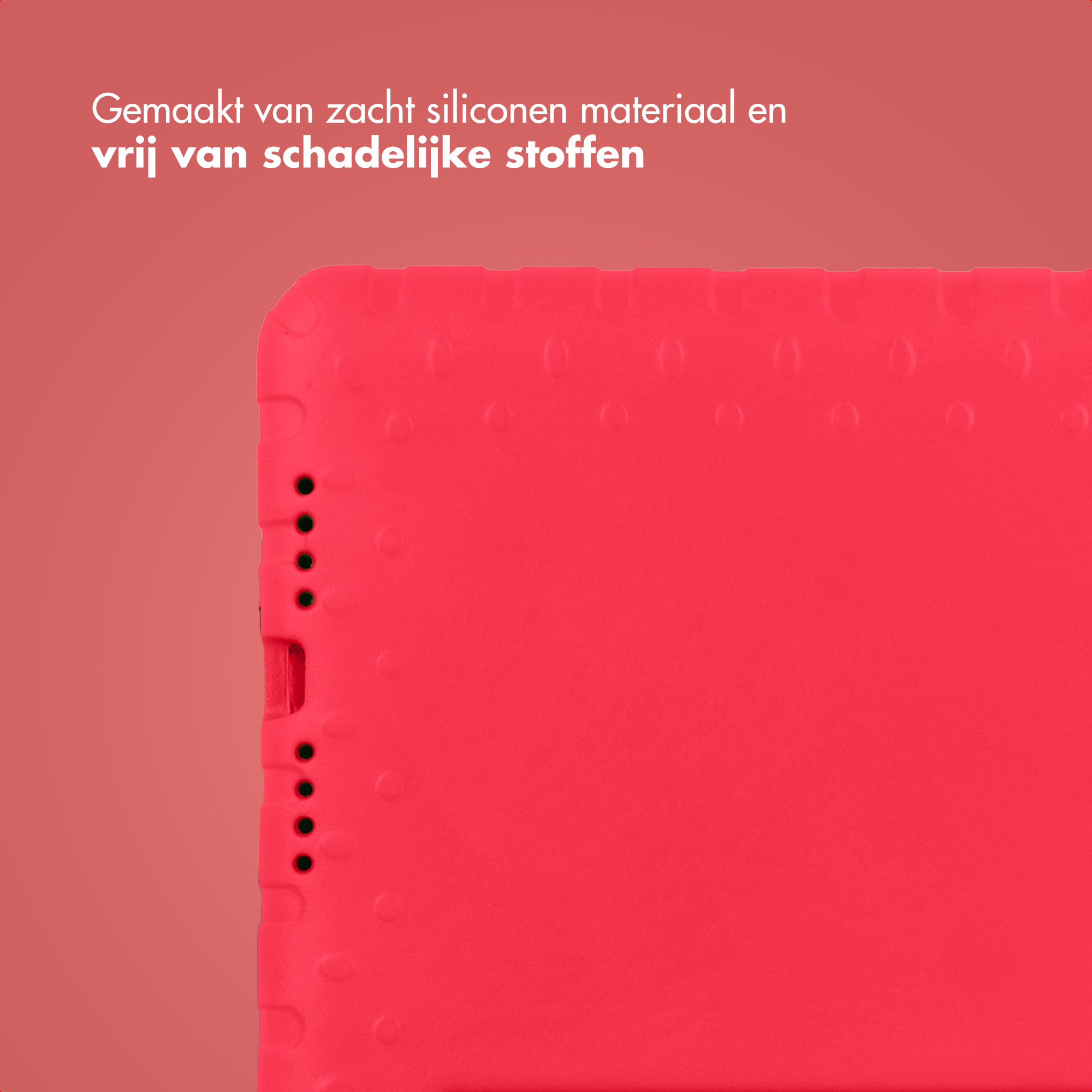 Red silicone cover with dot pattern and text.
