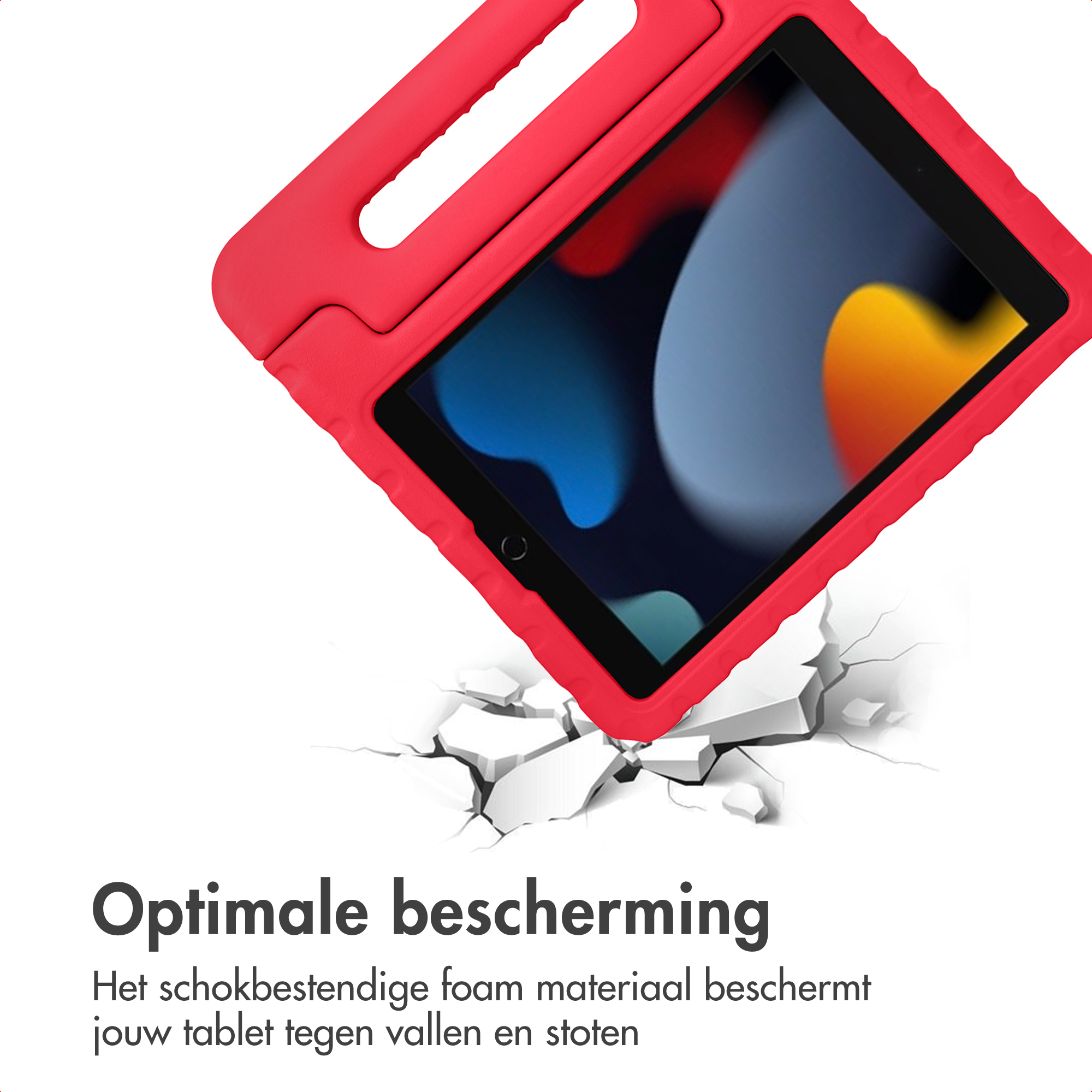 Red tablet case with handle, simulating impact on cracked ground.