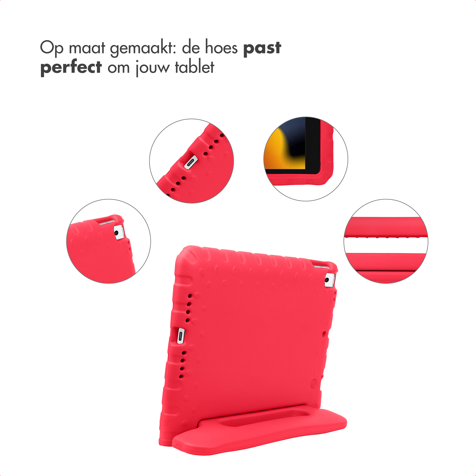 Red tablet case with stand, showing port and camera details.