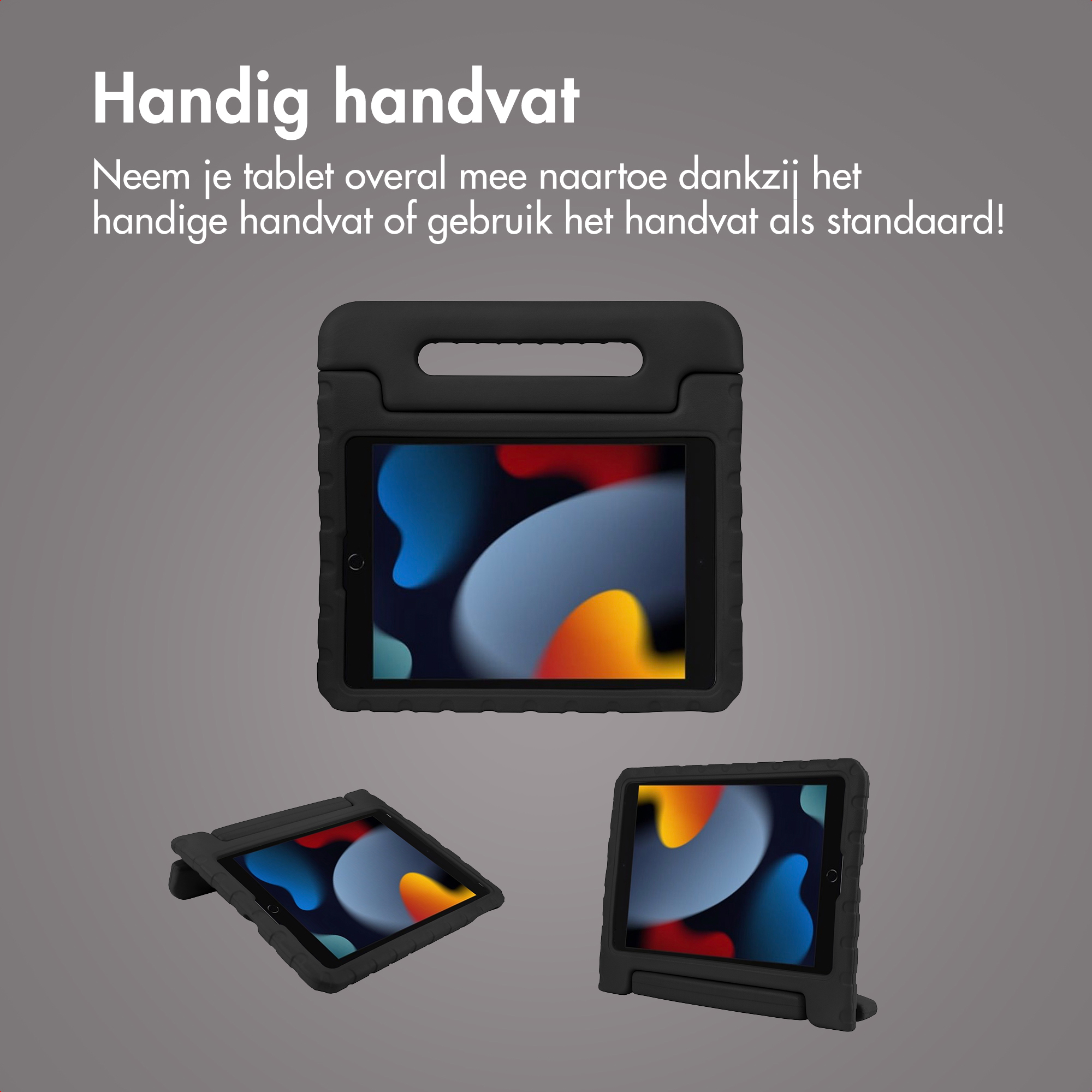 Zwarte tablethoes met handvat en standaard. Kleurrijke screensaver.