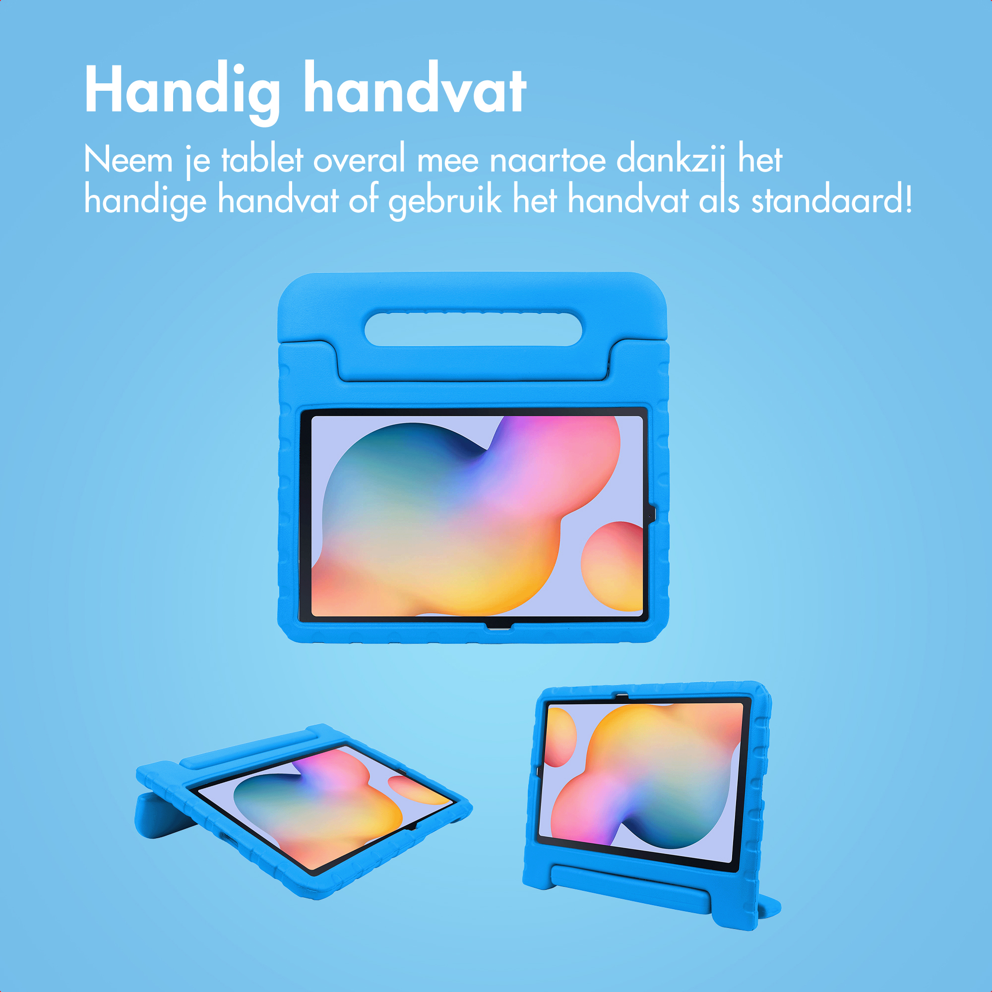 Een blauwe tablet in een blauwe schuim case met handvat.