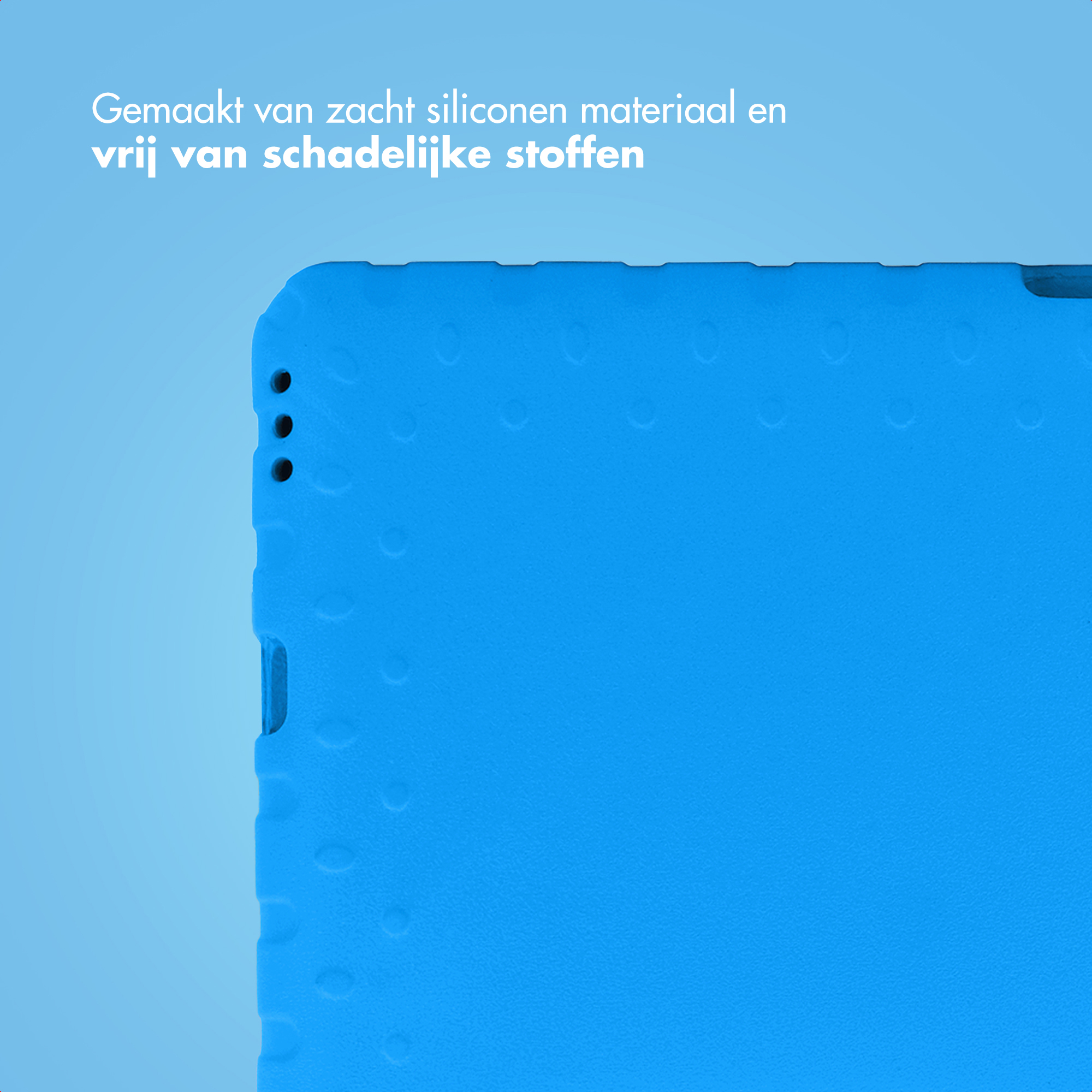 Blauwe siliconen hoes met noppenpatroon en uitsparingen voor poorten.