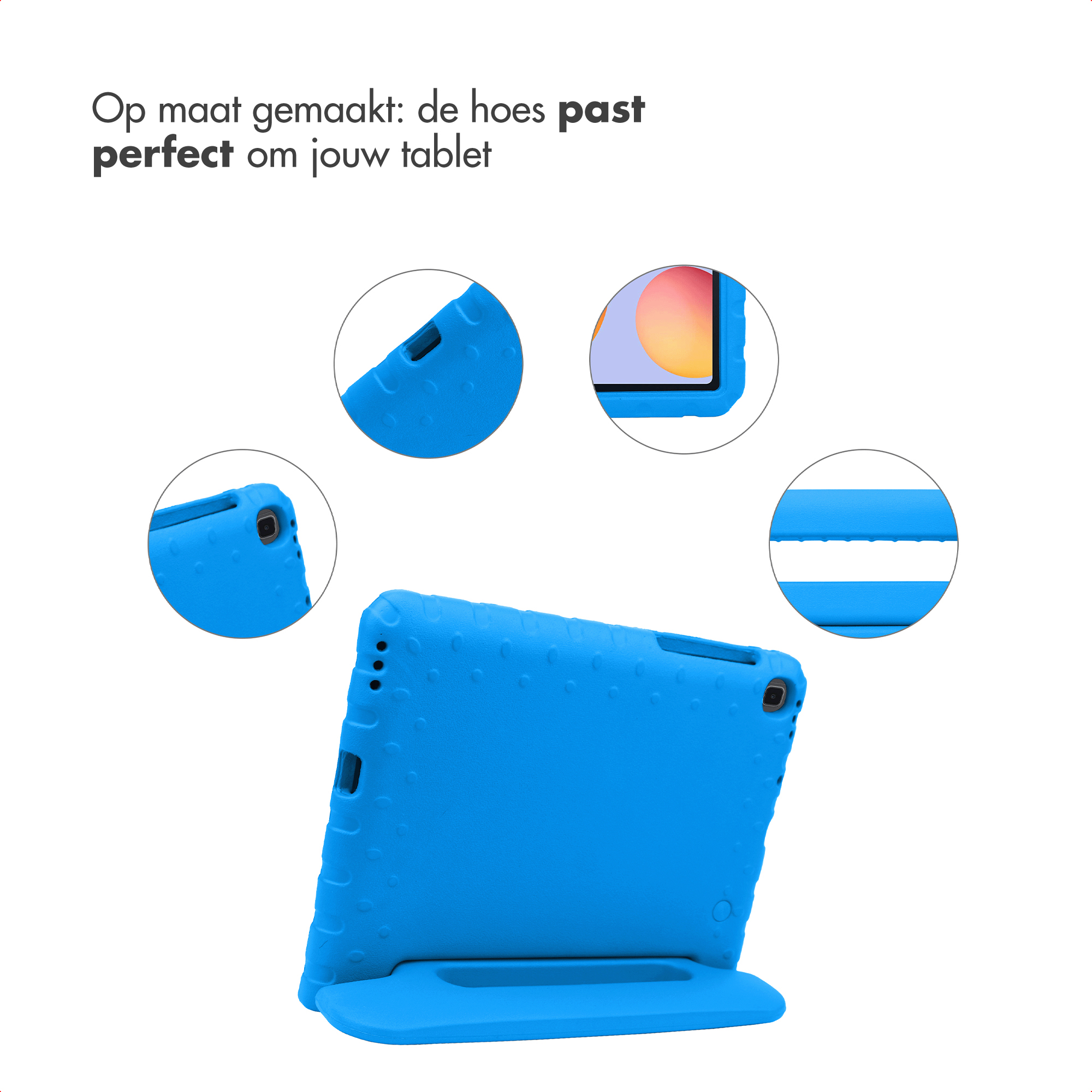 Blauw tablethoes met standaard. Toont voor-, achter- en zijaanzichten.