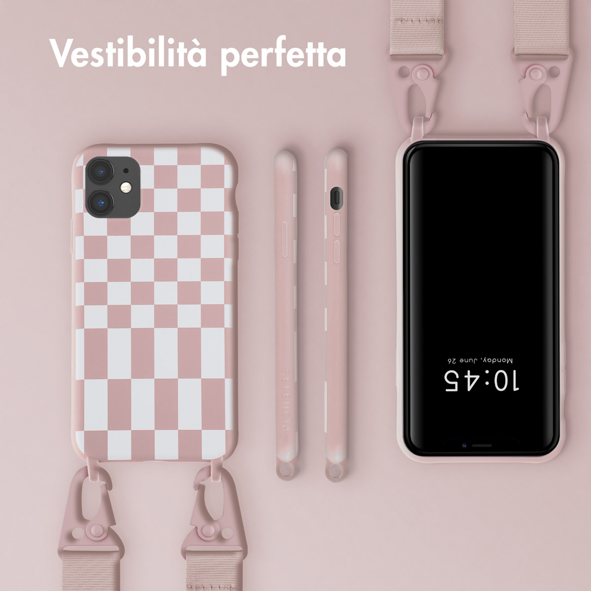 Coque de téléphone à damier rose et blanc, deux coques fines et un téléphone avec lanière.