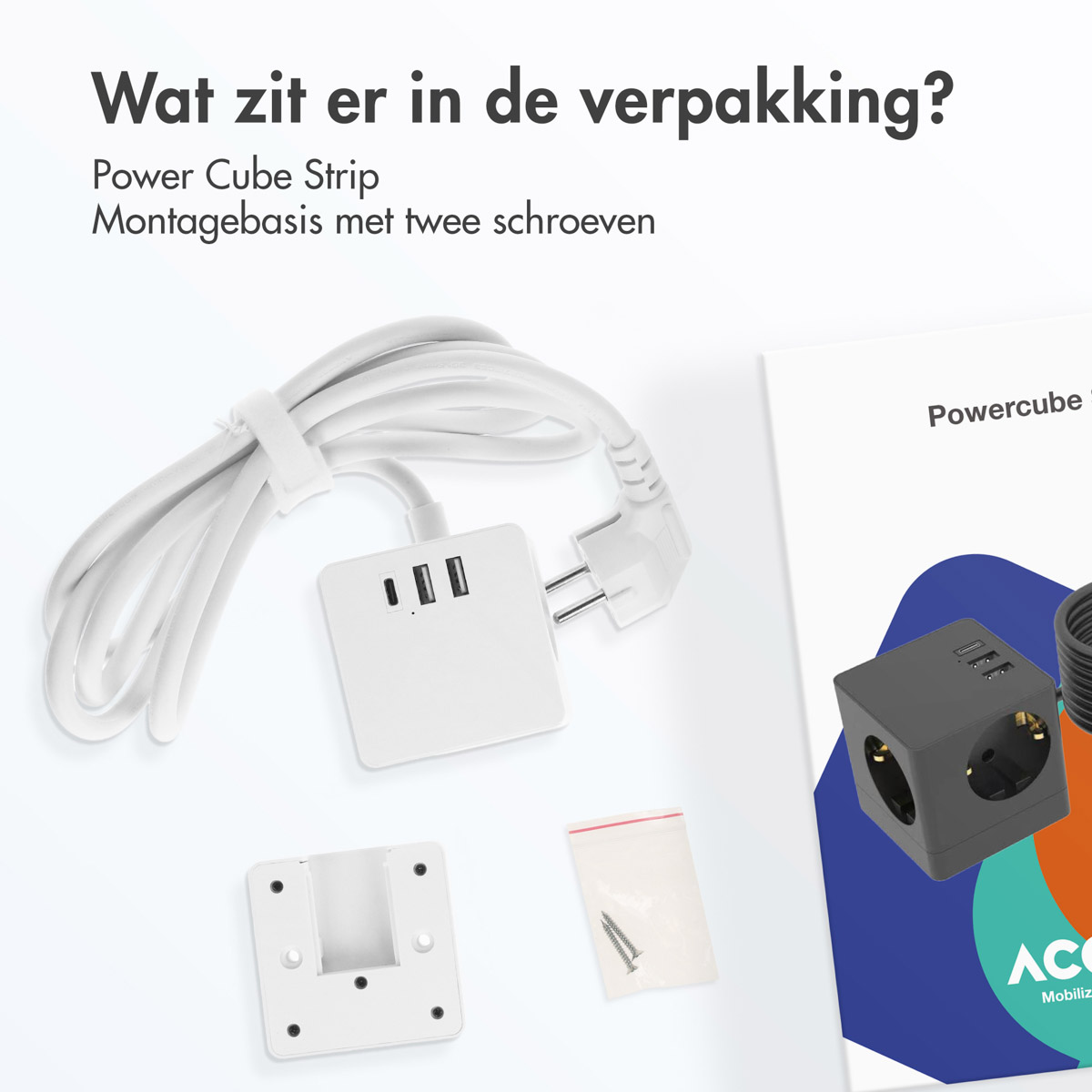 Witte stekkerdoos met USB, montagebeugel, schroeven en zwarte kubusstekker.