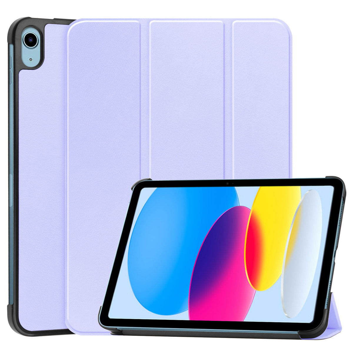 Un étui pour tablette violet avec une tablette affichant un fond coloré.