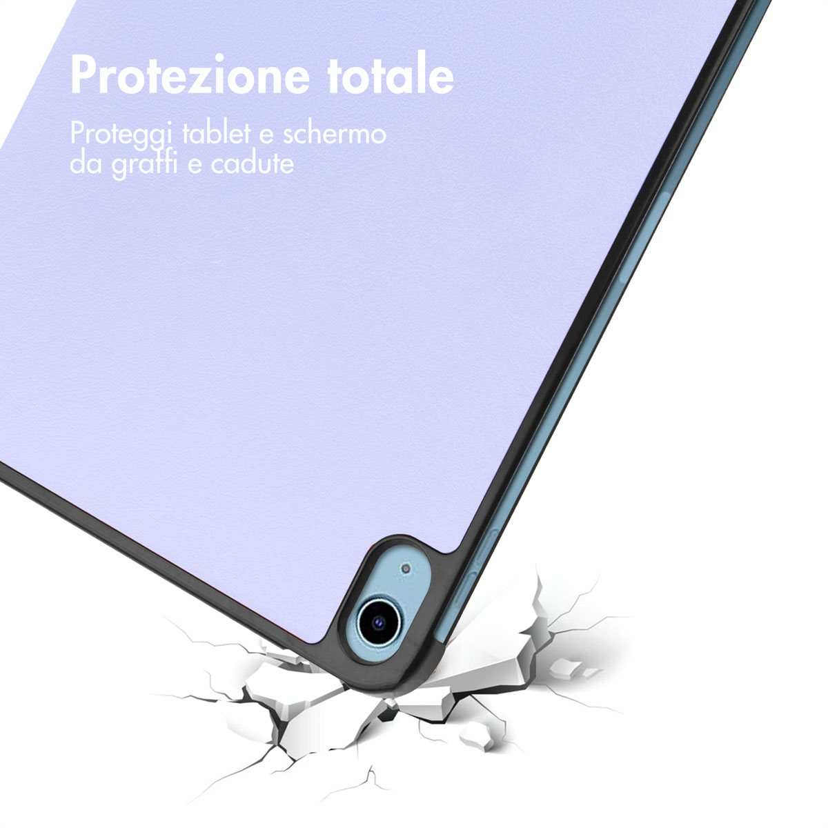 Coque de tablette avec protection caméra simulant une chute.