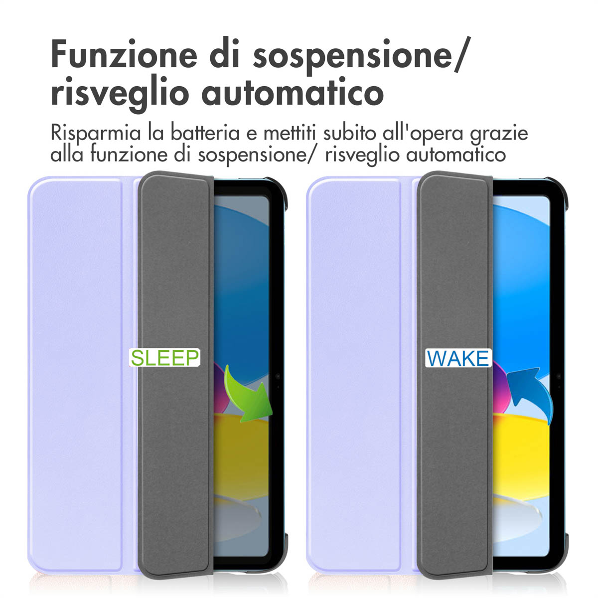 Housse de tablette en deux modes : SLEEP et WAKE. Housse violet clair.