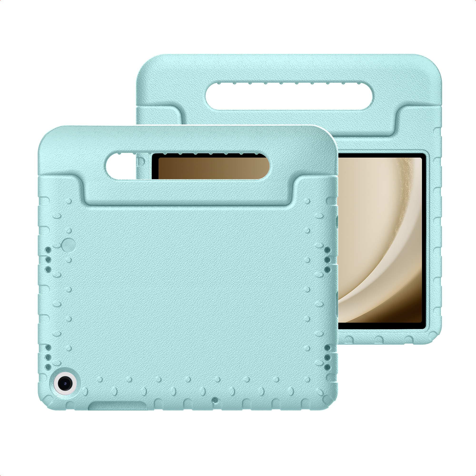 Deux étuis pour tablette bleu clair avec poignées, sur fond blanc.