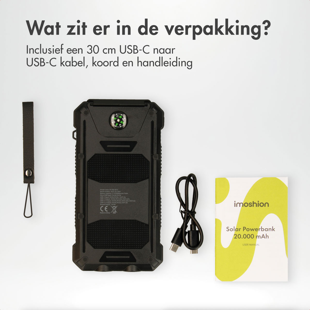 Schwarzes Solar-Powerbank mit USB-C-Kabel und Handbuch.