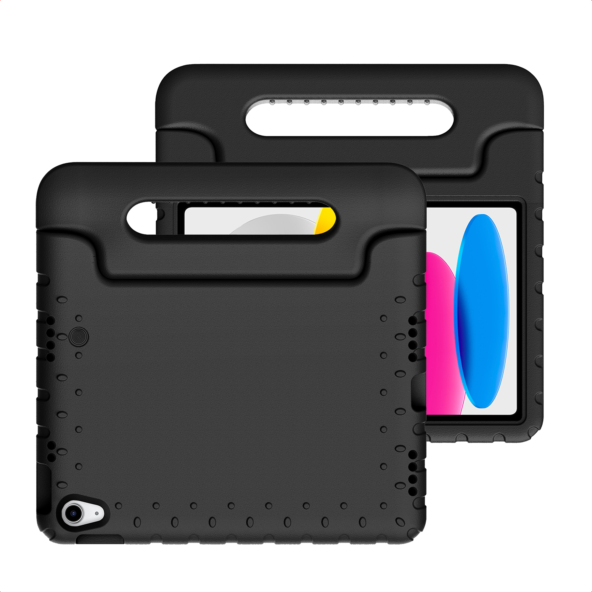 Deux étuis noirs pour tablette avec poignées et découpes pour caméras et ports.