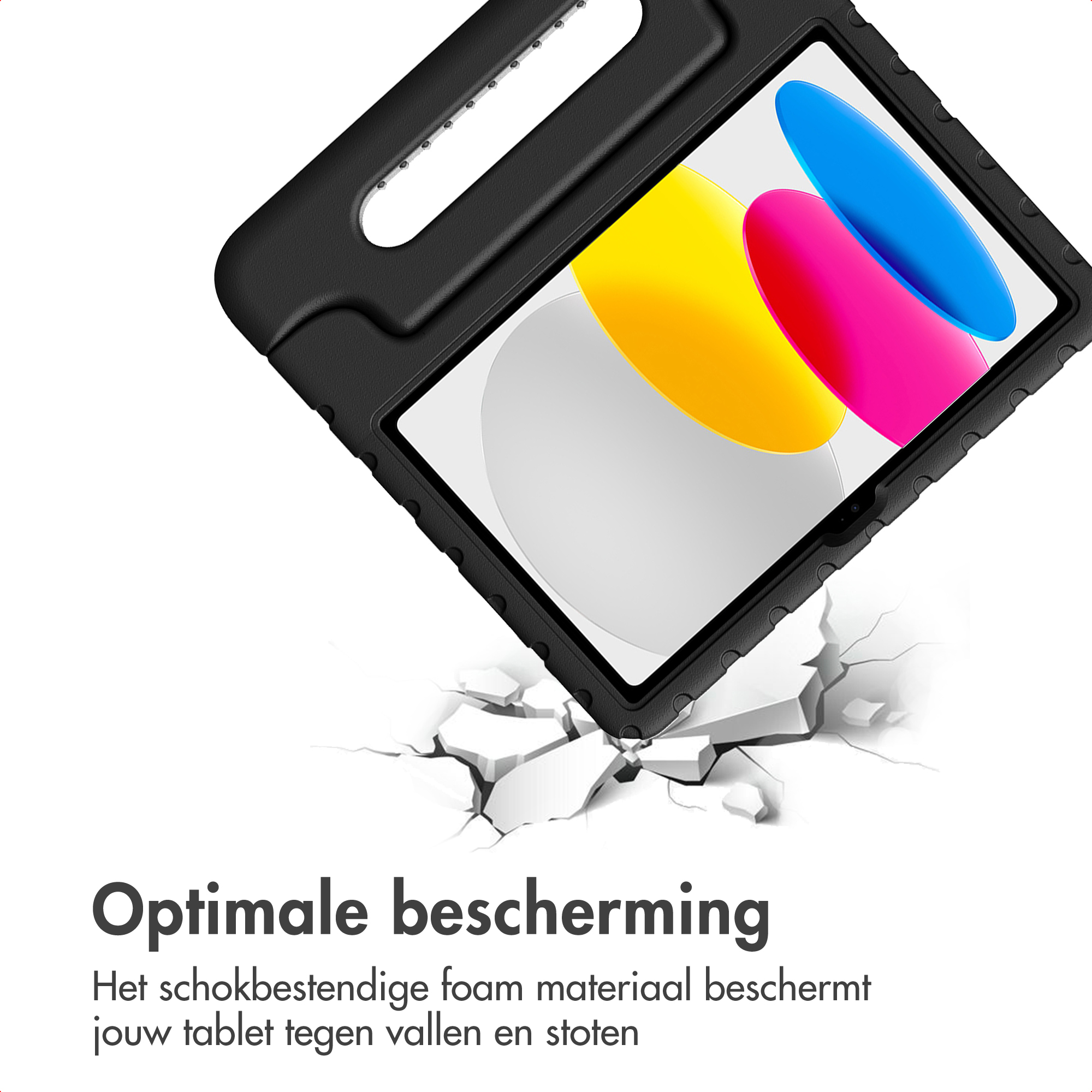 Étui noir pour tablette s'écrase, traversant un sol blanc. Texte: Protection optimale.