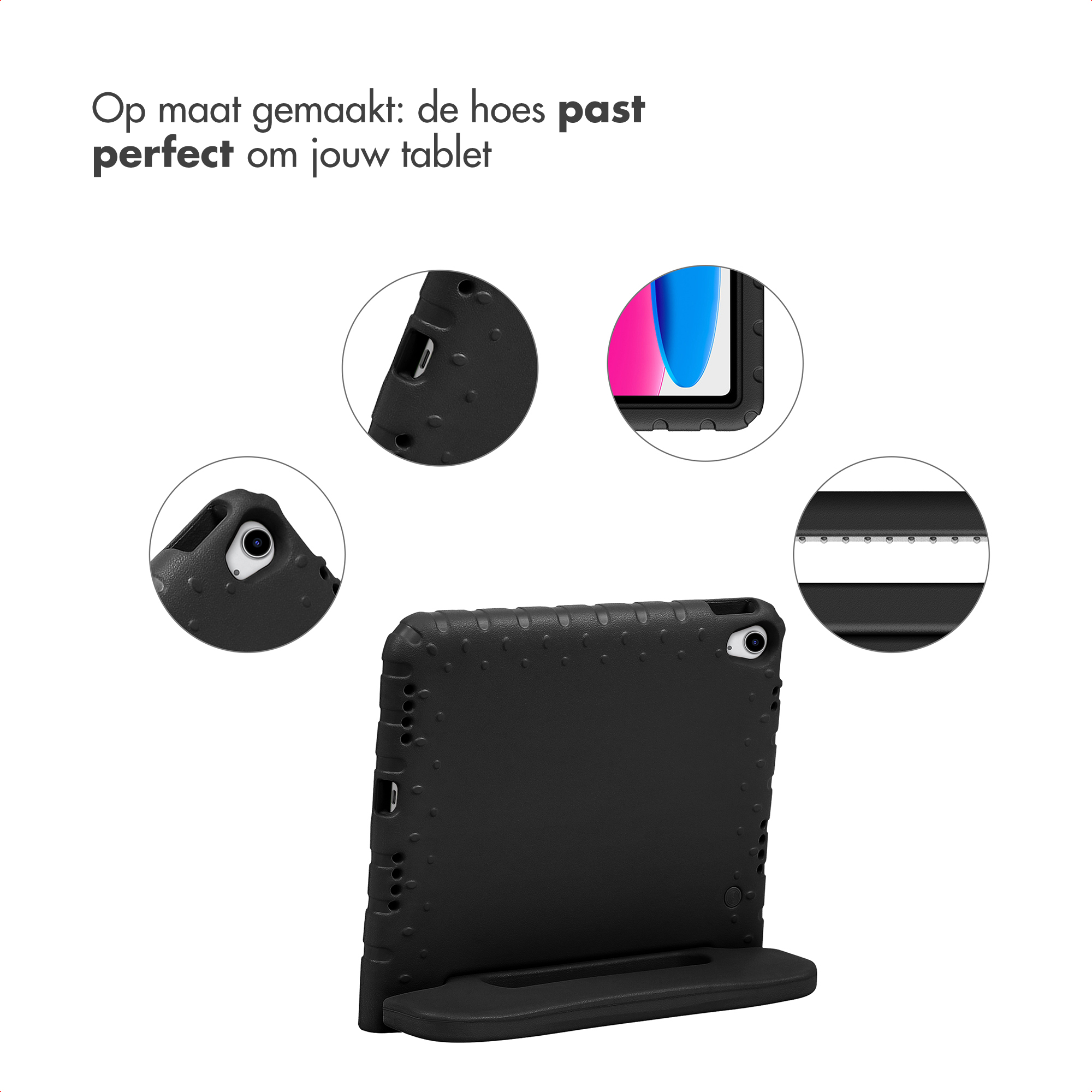 Étui noir pour tablette avec découpes pour ports et appareil photo.