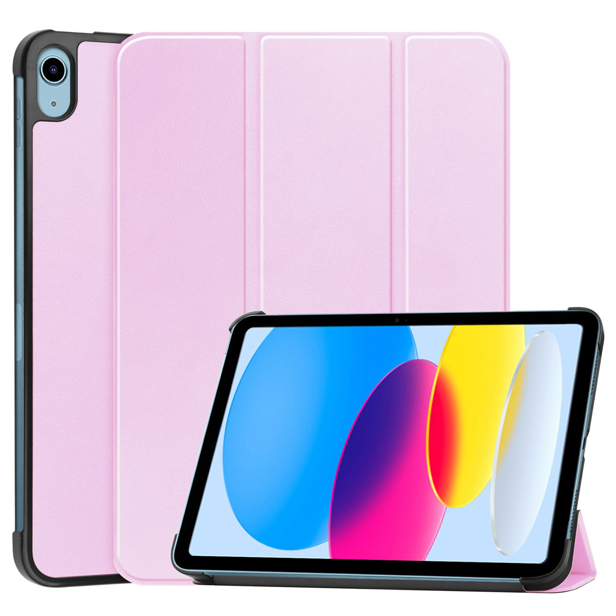 Een roze tablethoes is open, met een tablet met kleurrijk scherm en standaard.