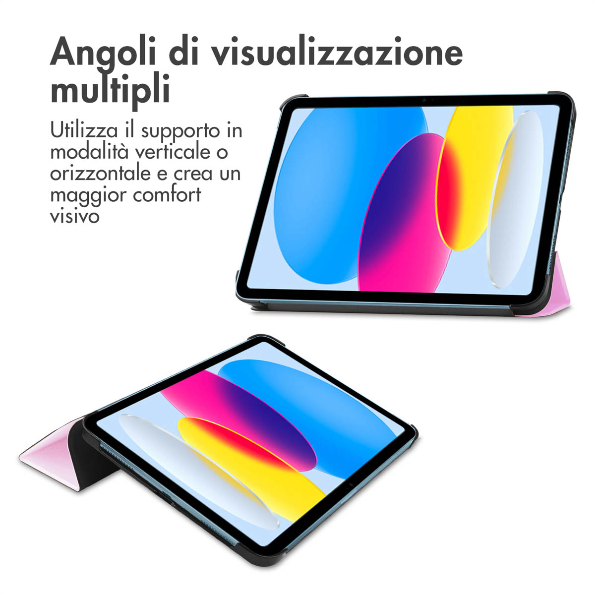 Twee tablets in zwarte hoesjes met roze standaards, één verticaal, één horizontaal.