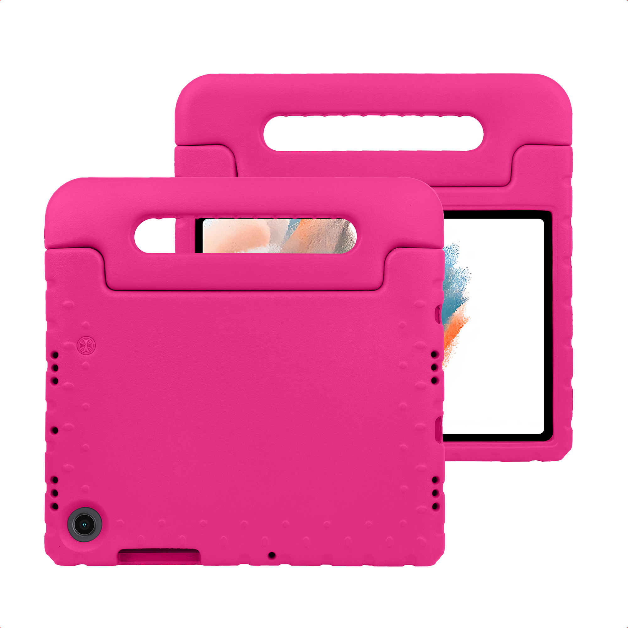 Two pink tablet cases with handles and cutouts for camera and charging port.