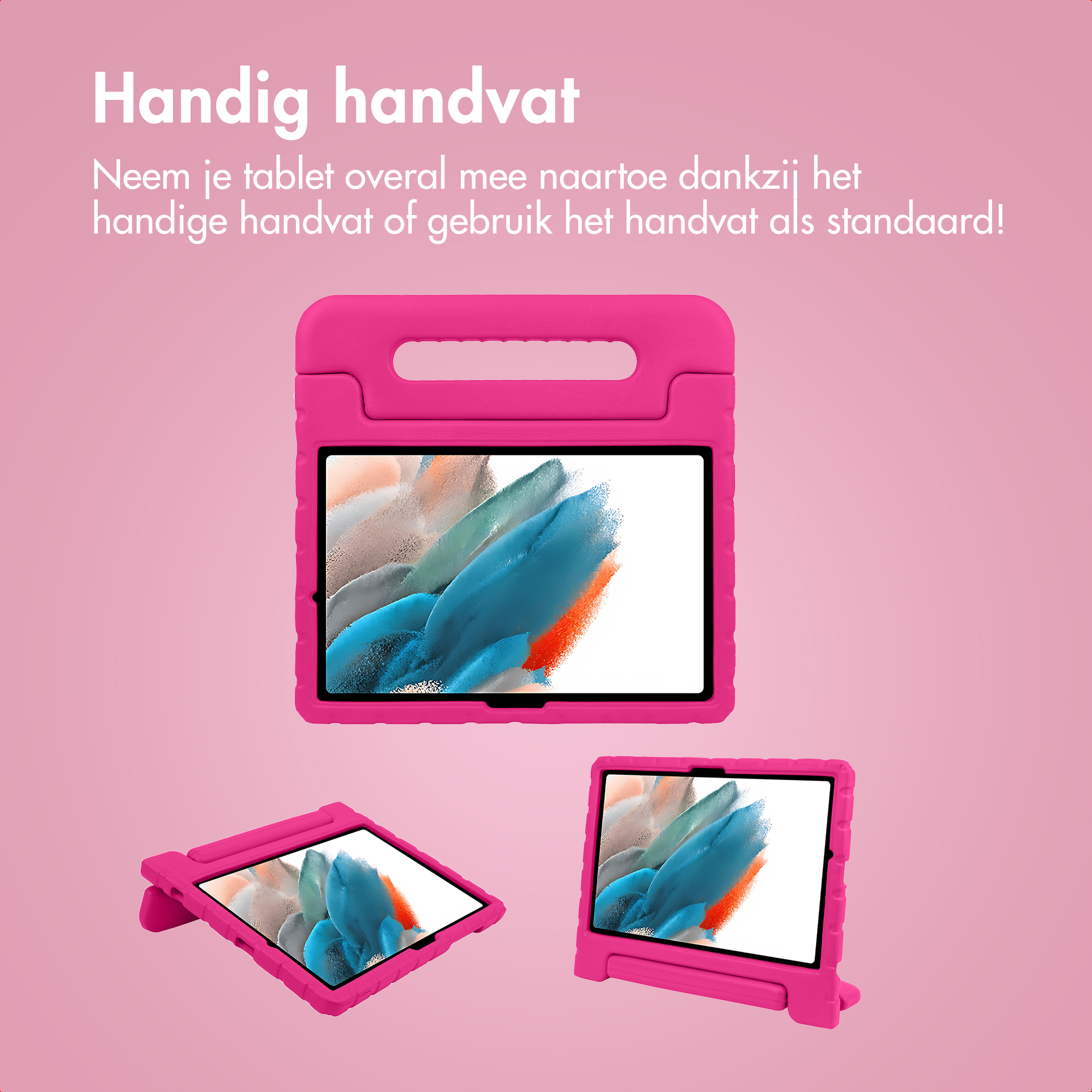 Three pink tablet cases with handles and stands, showing tablets.
