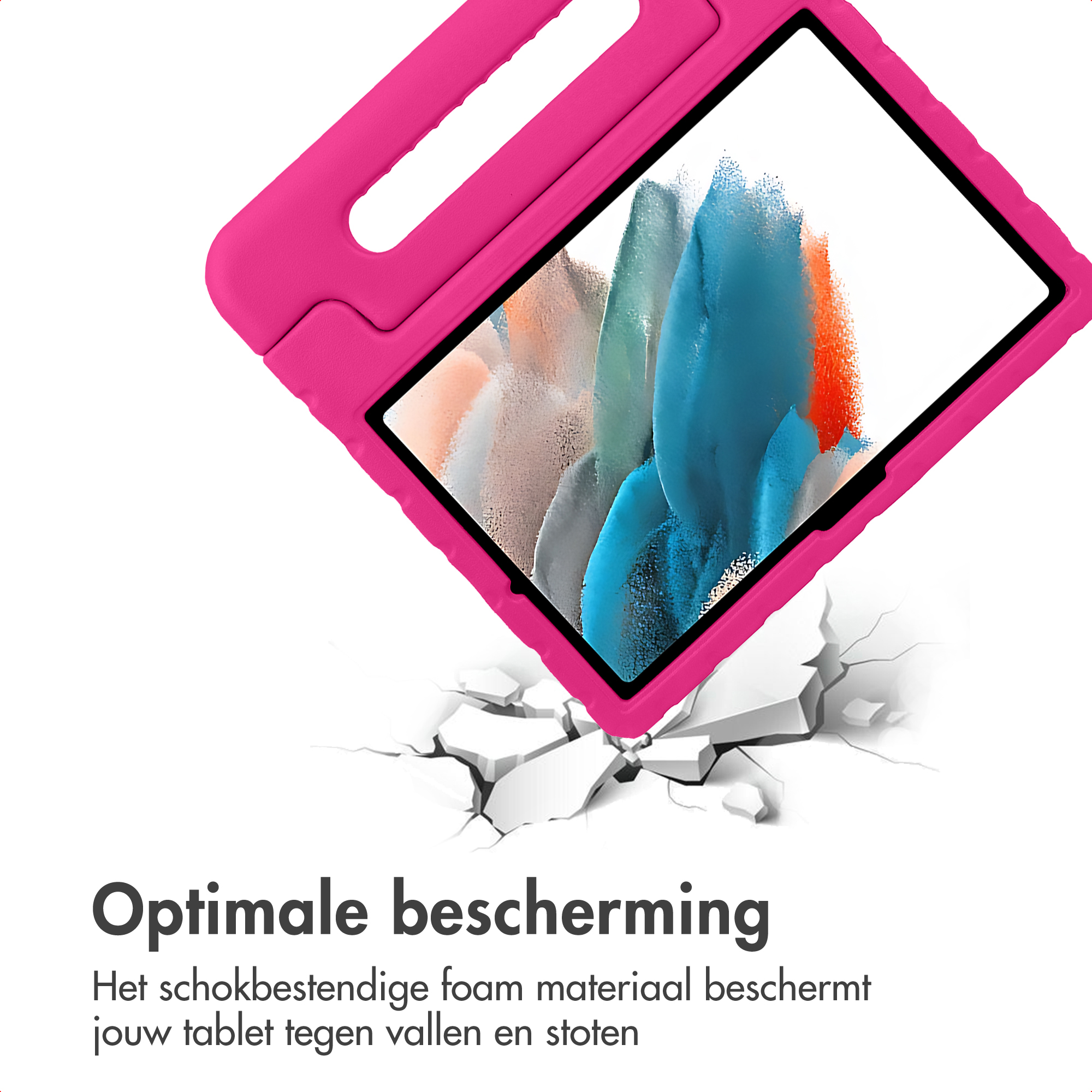 A pink tablet stand with a handle breaks through a white, cracked surface.