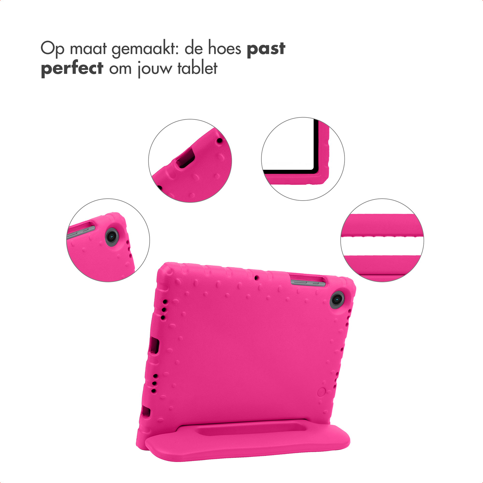 A bright pink tablet case with a built-in stand and textured surface.