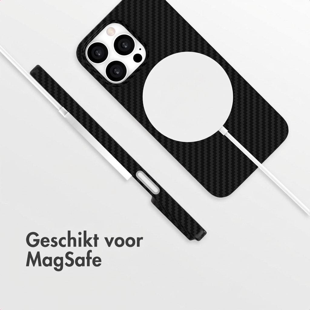 Coque de téléphone noire à motif carbone avec cercle MagSafe.