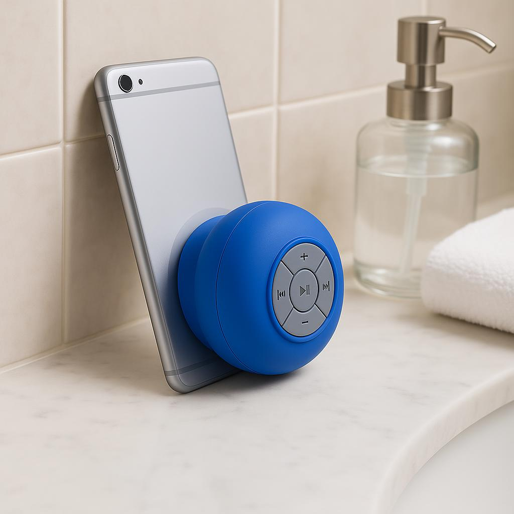 Un altavoz azul con botones está adherido a un smartphone plateado.