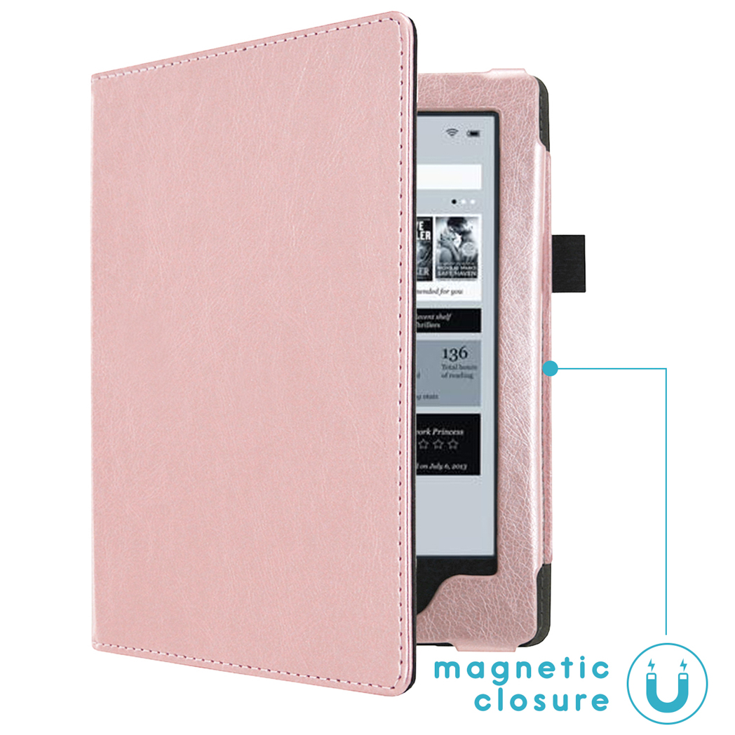 Un e-reader rose avec une couverture à fermeture magnétique.