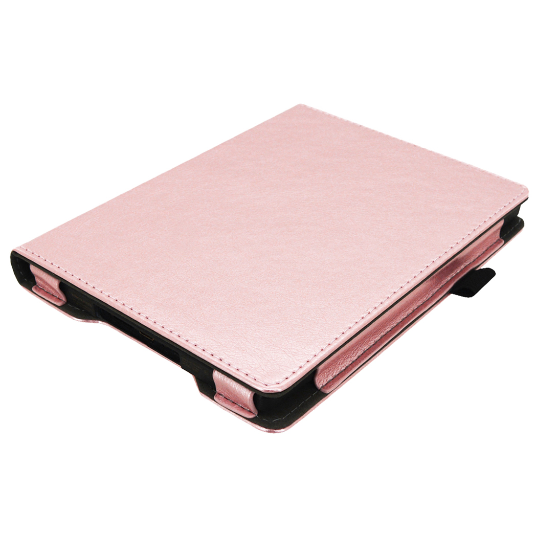 Un étui pour tablette rose doré avec bordure et coutures noires.