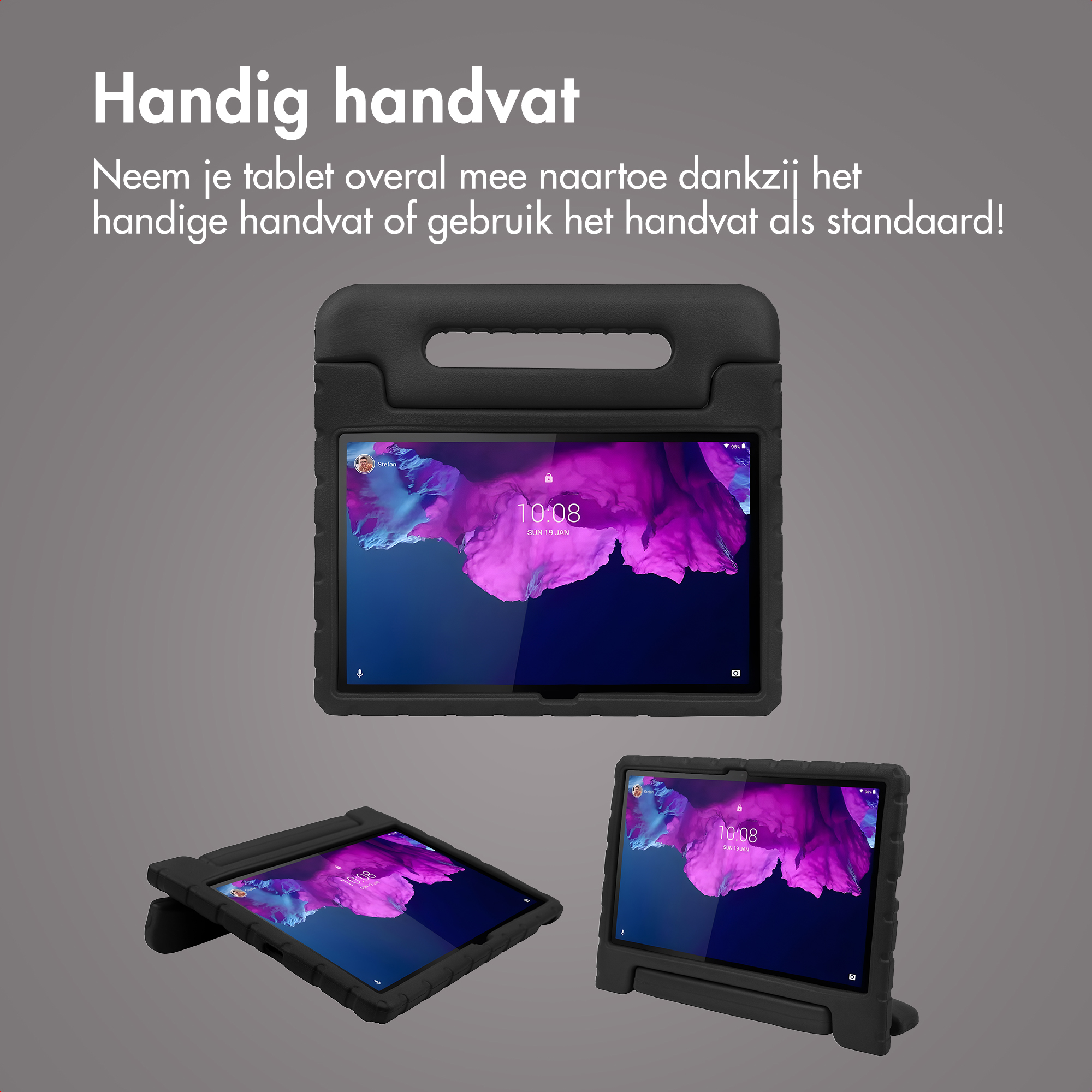 A black tablet case with a handle, displaying a tablet with a purple wallpaper.